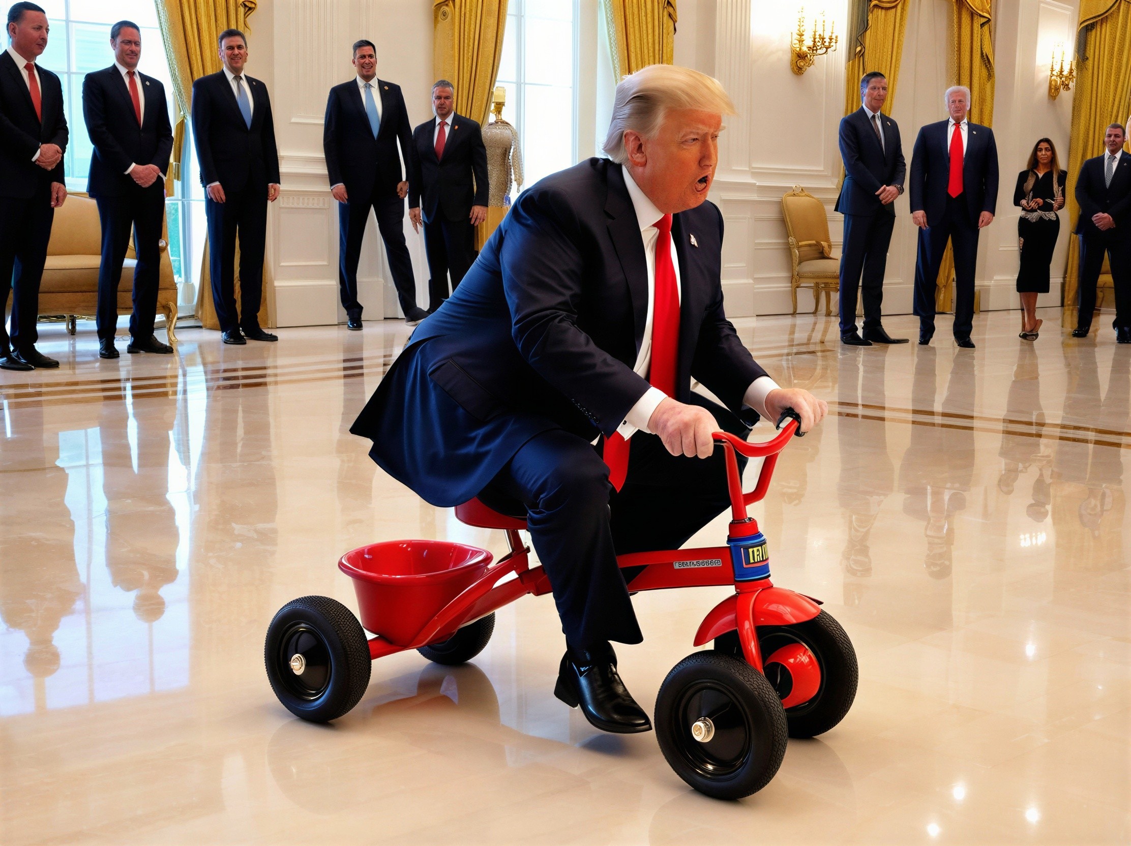 Man on Red Tricycle in Opulent Room with Observers