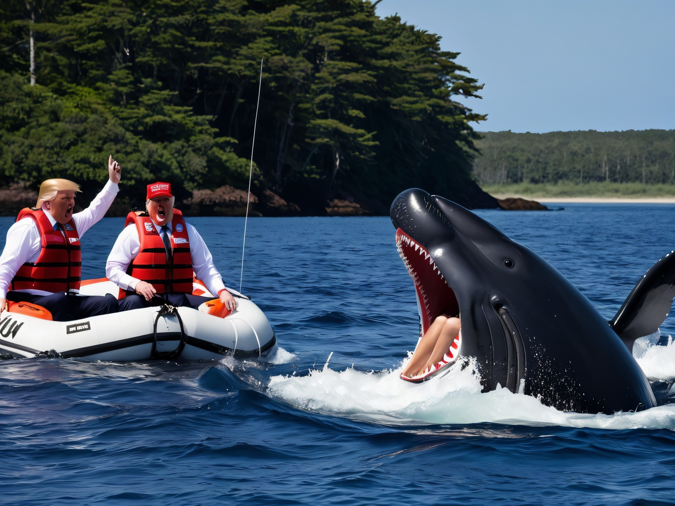 Humorous Scene of Men in Boat with Cartoonish Whale