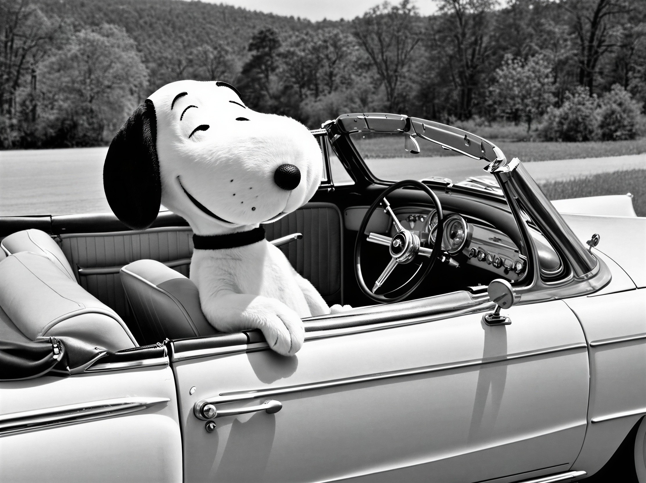 Stuffed Snoopy Doll in Vintage Convertible Car