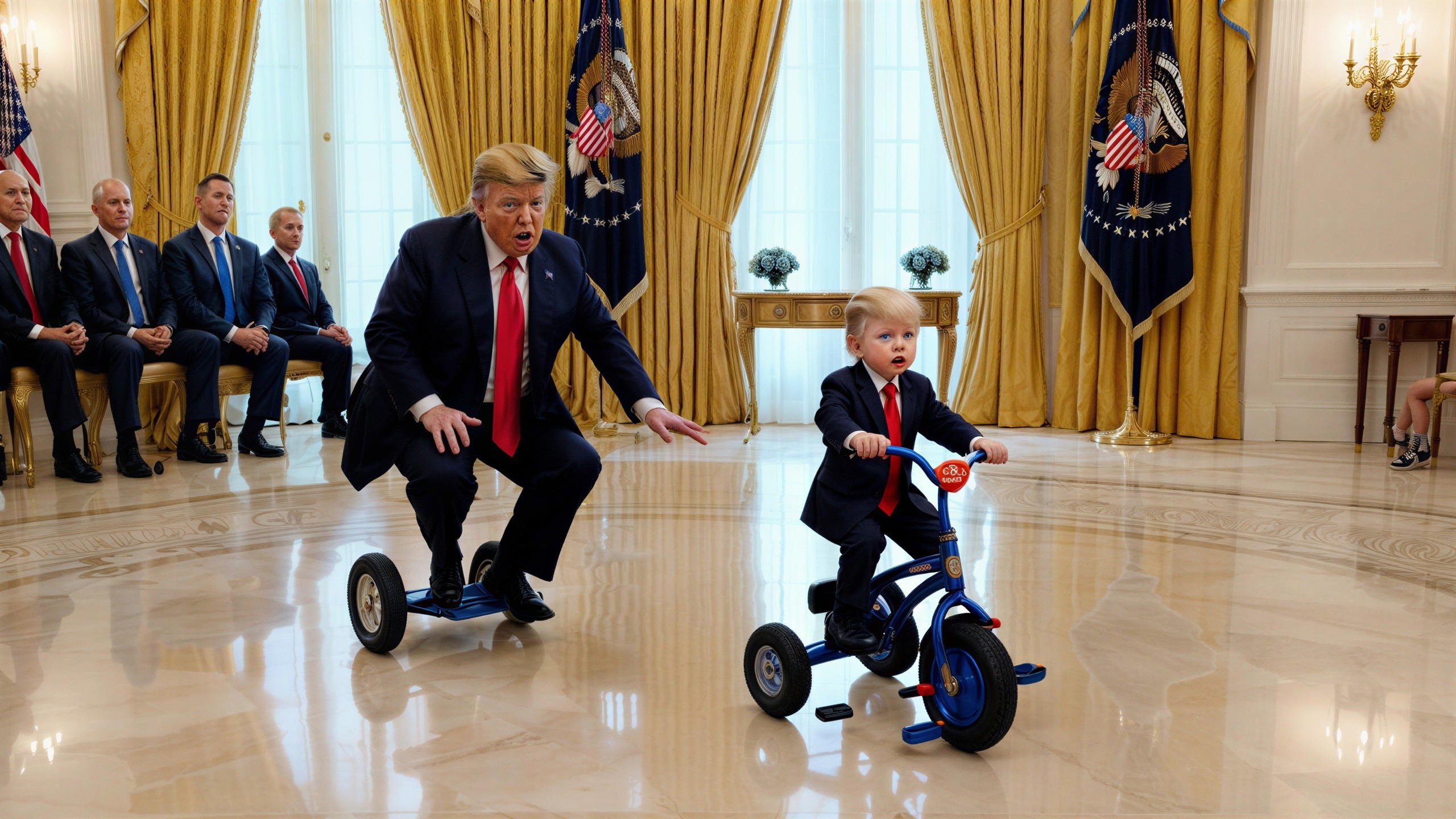 Playful Scene in a Grand Room with Serious Attendees