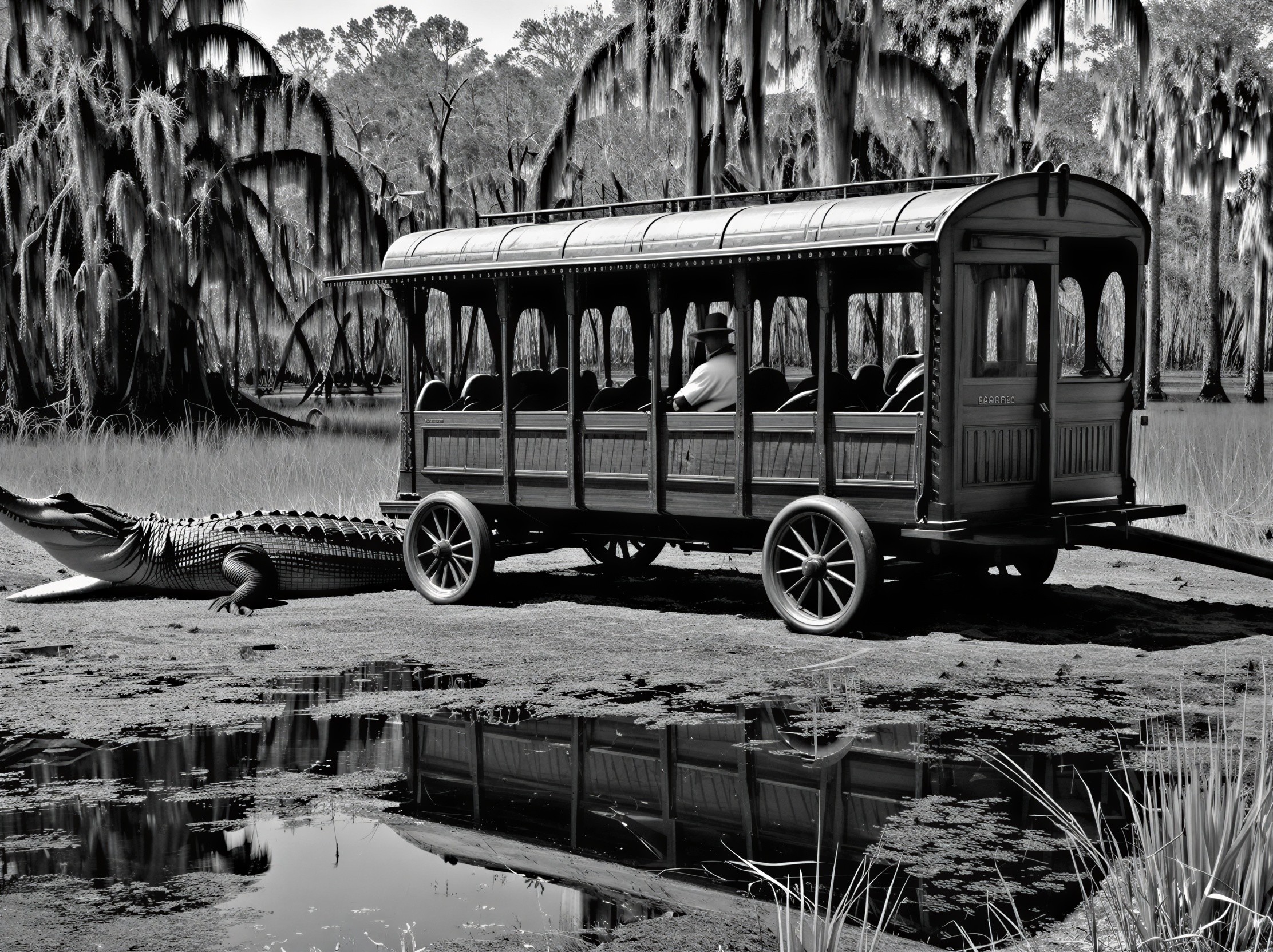Vintage tram by swamp with alligator and mossy trees