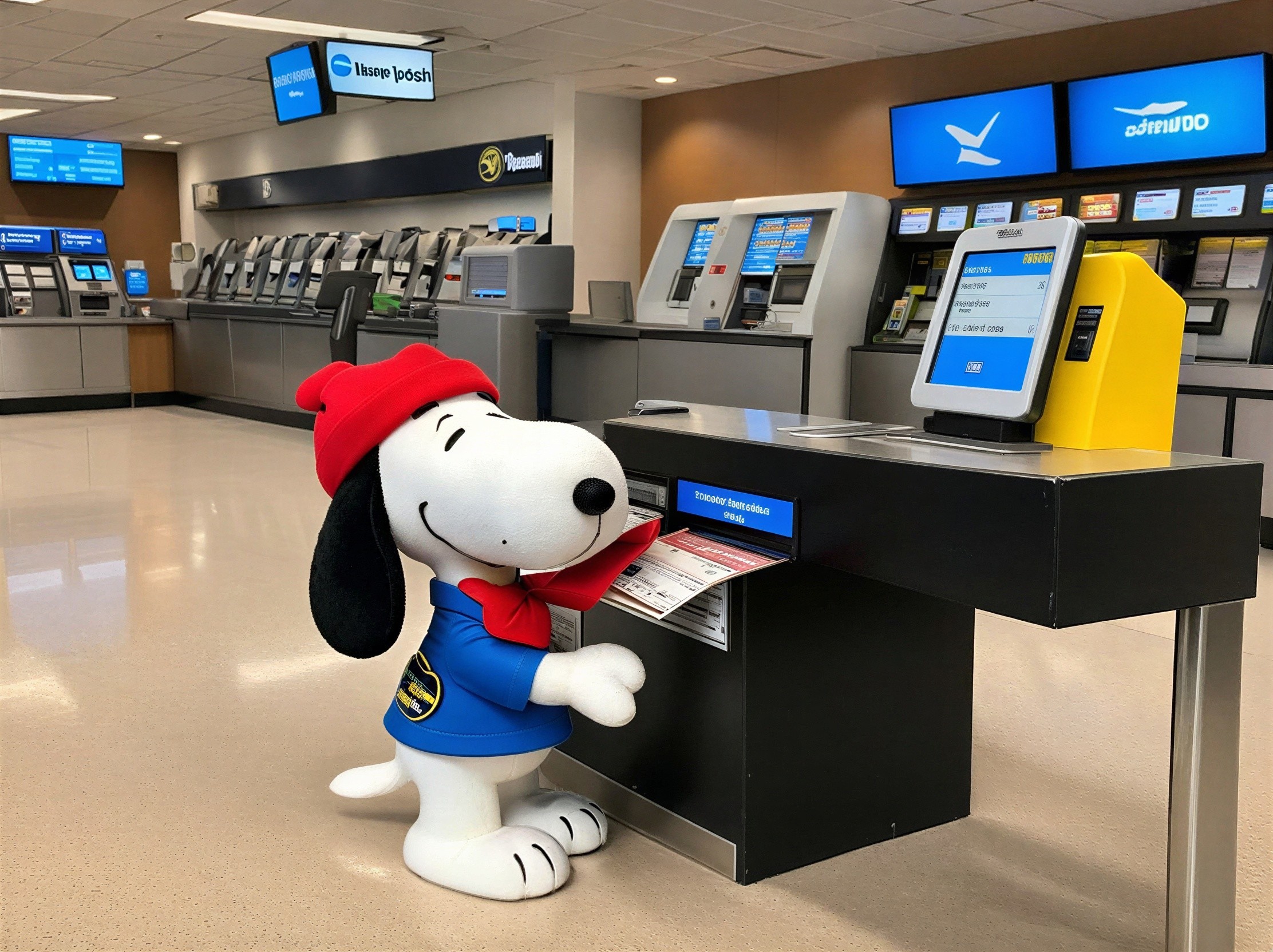 Life-sized Snoopy mascot at airport check-in counter