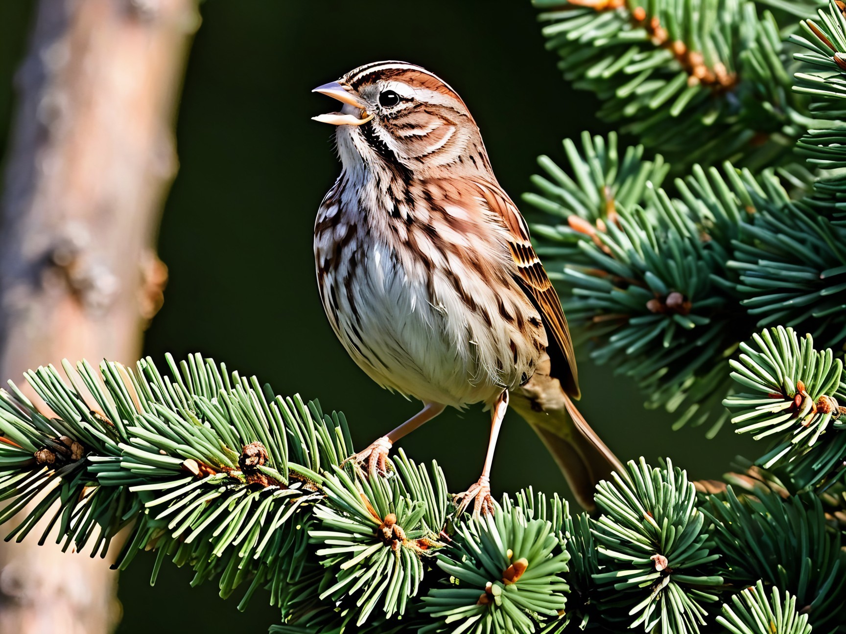 Brown and white striped bird on green pine branch