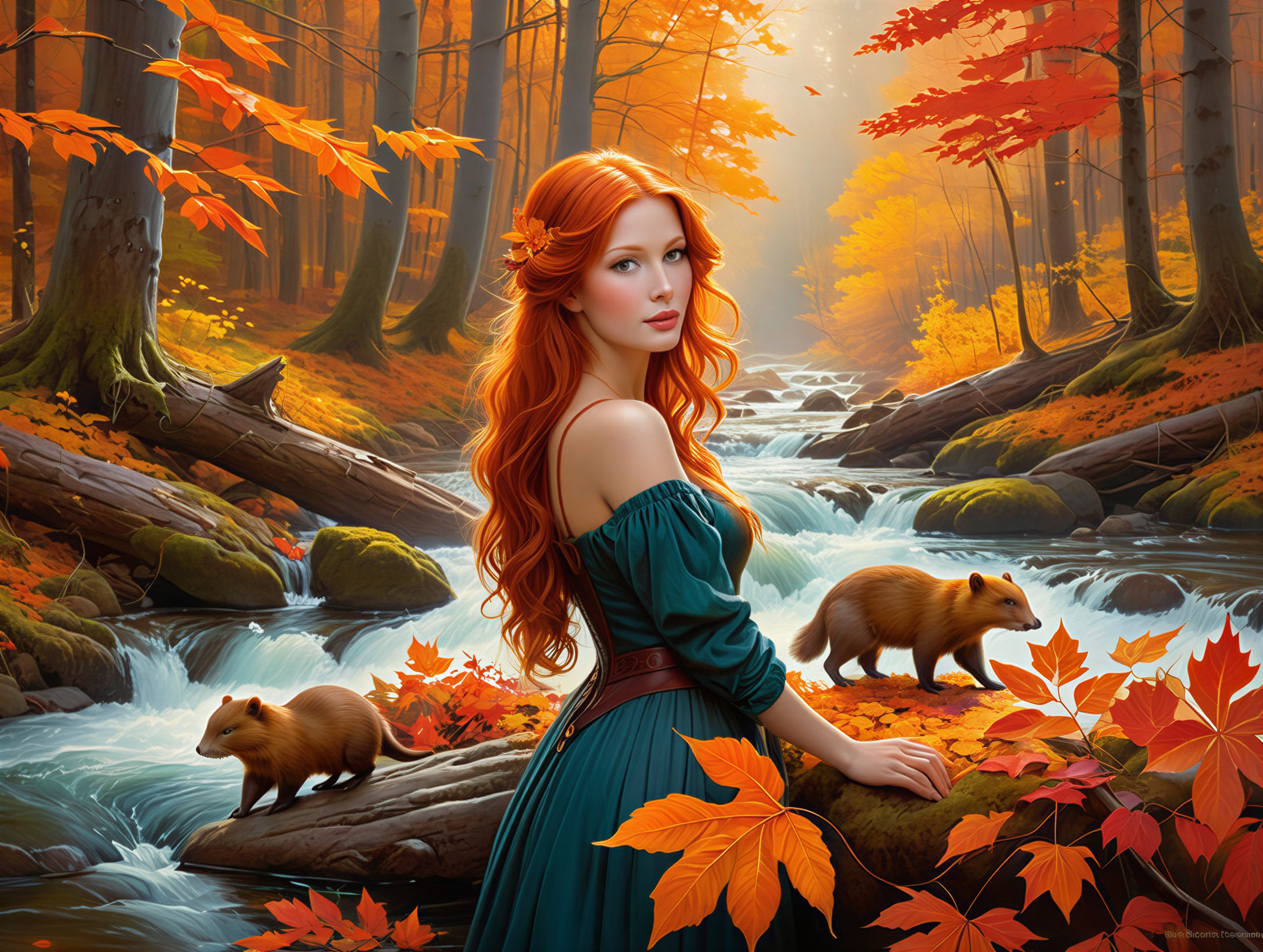 Autumn Forest Scene with Young Woman by Stream