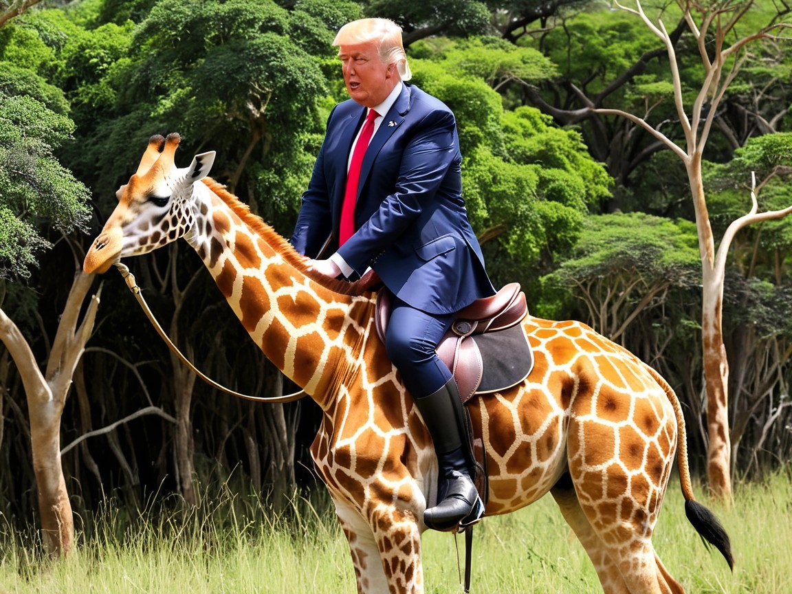Man in suit atop giraffe in green landscape