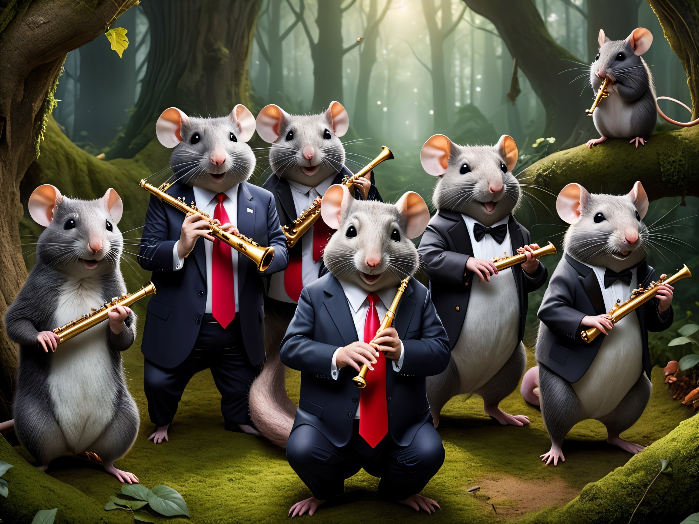 Anthropomorphic Mice in Tuxedos Playing Music in Forest
