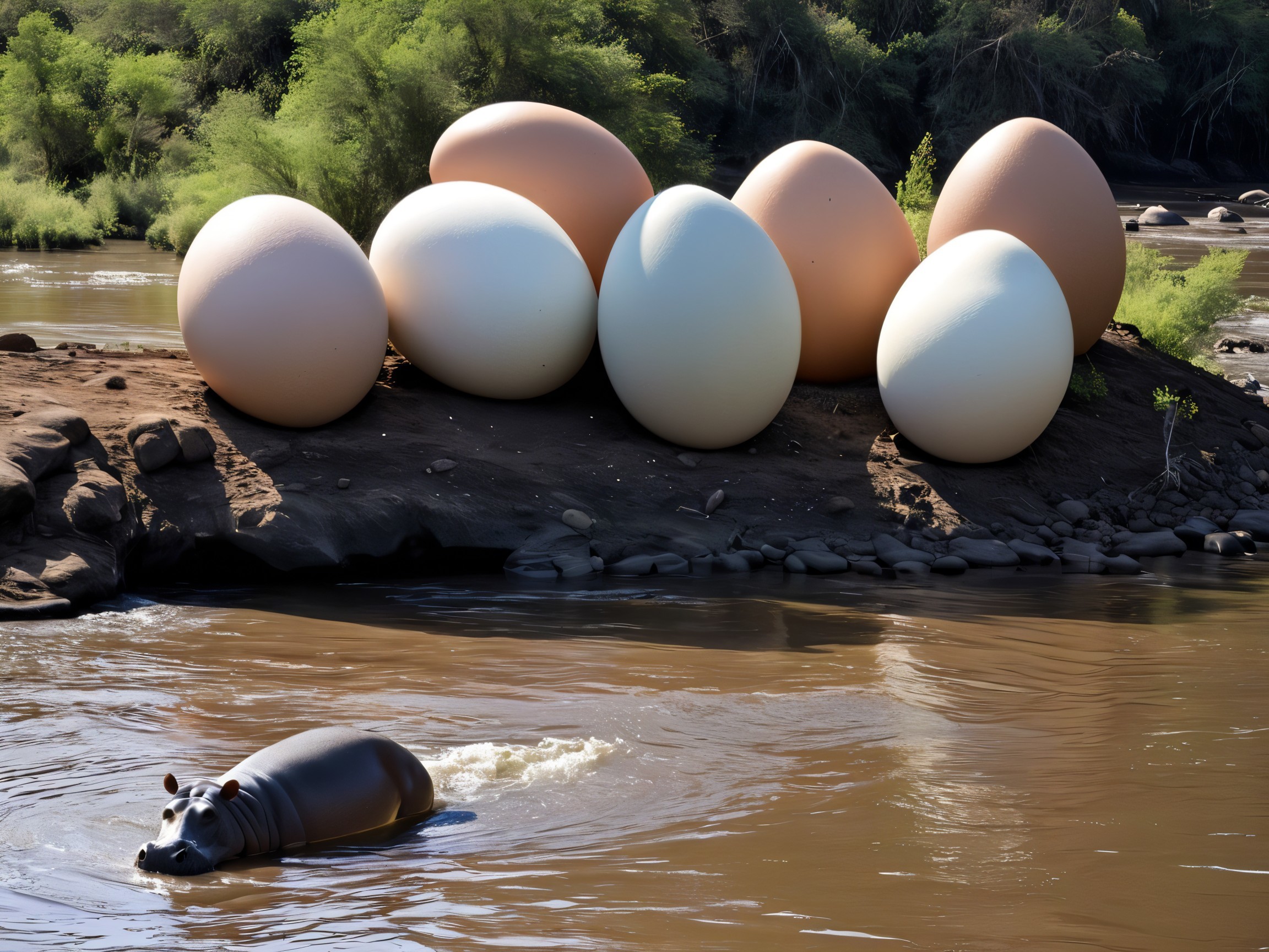 Hippopotamus in River with Pastel Eggs on Shore