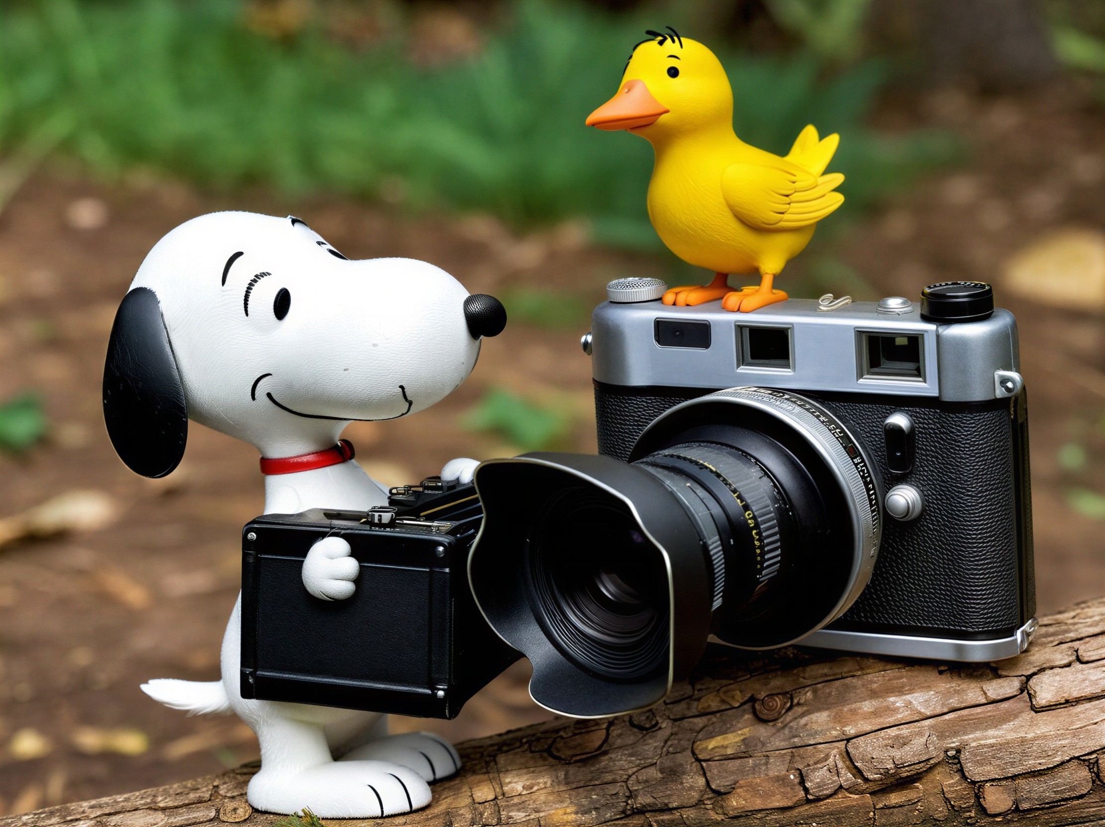 Closeup of Toys on a Dark Brown Log