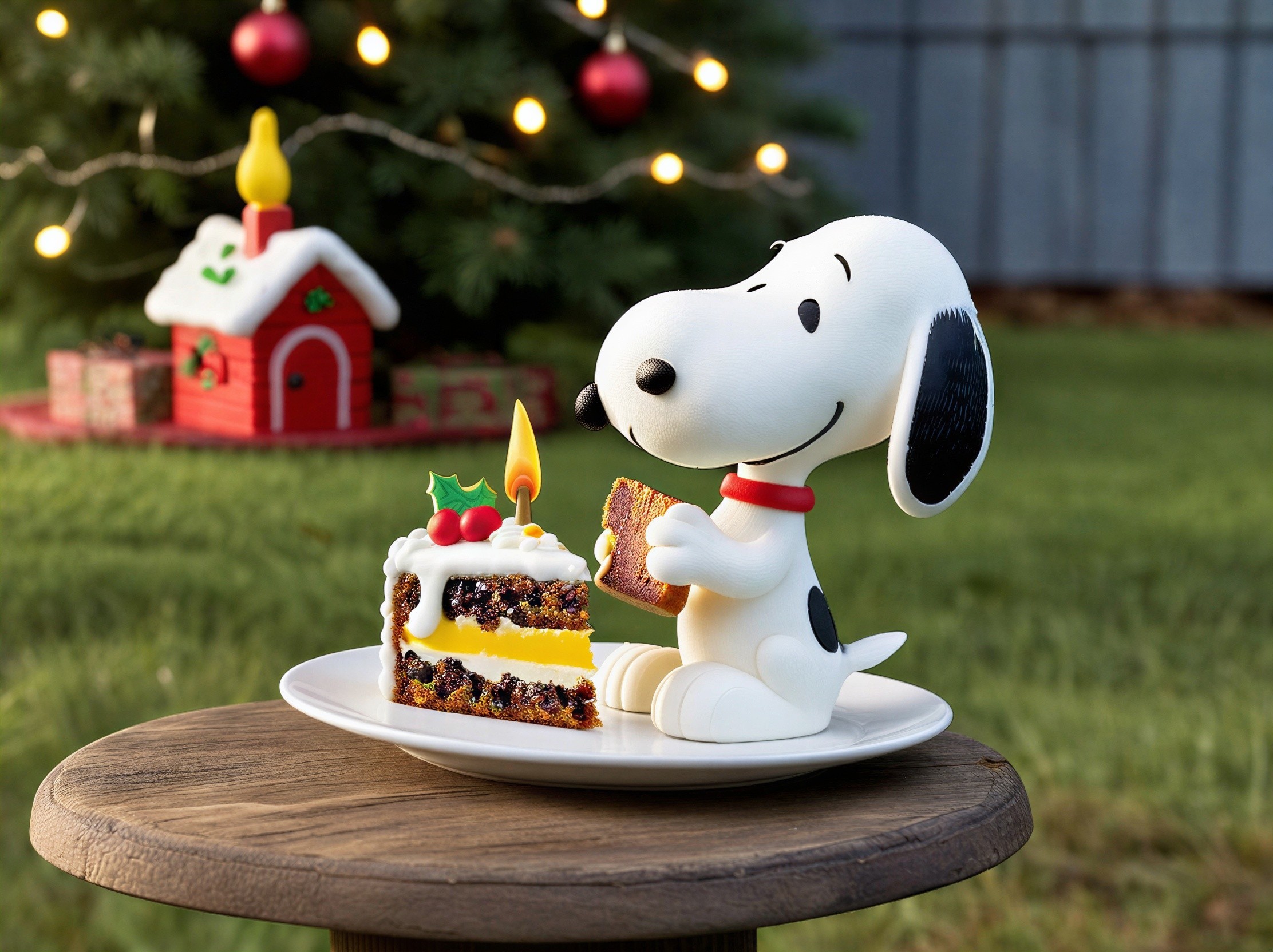 Snoopy Figurine with Cake on a Wooden Table Setting