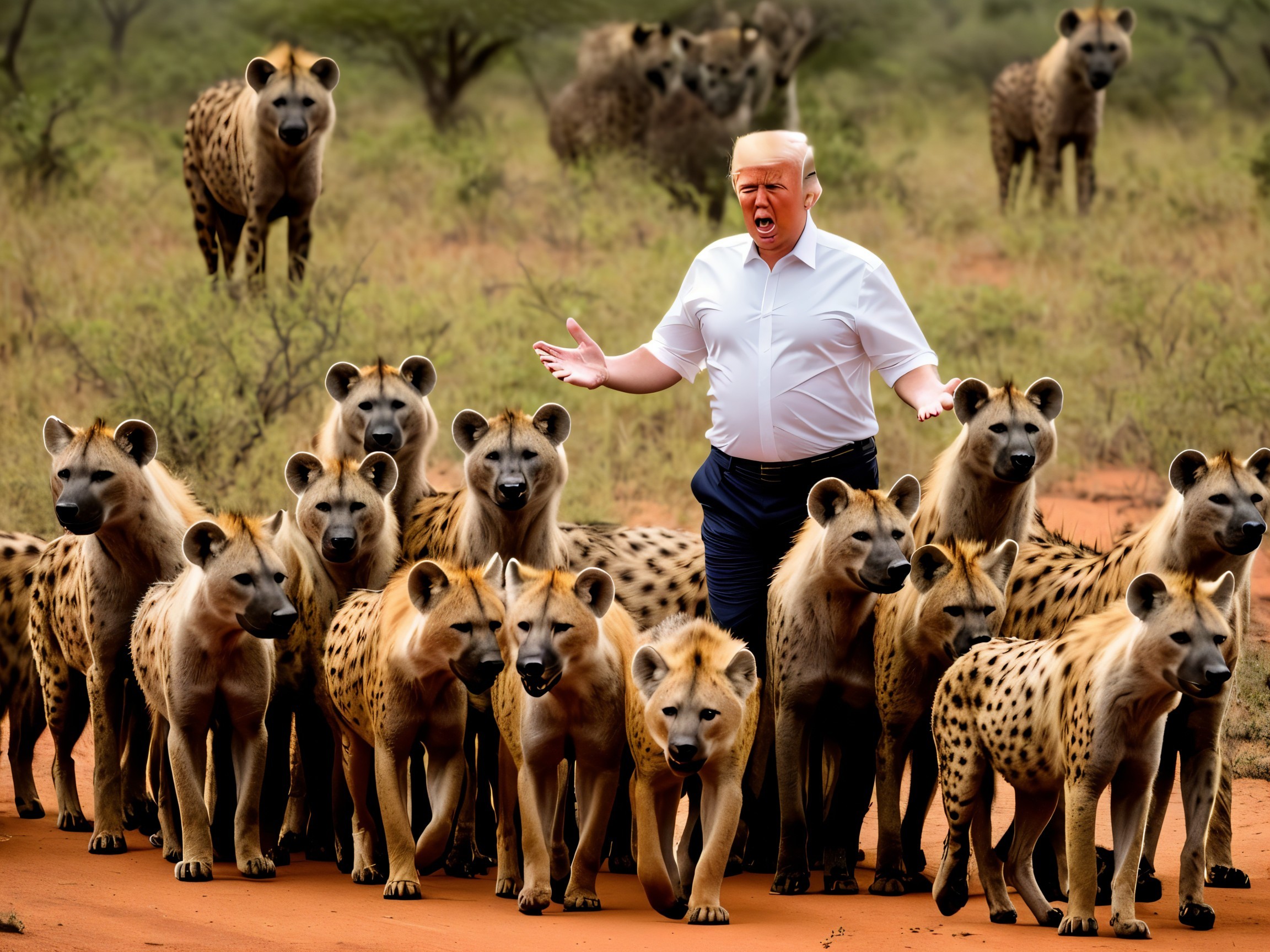 Surreal Scene of a Man Surrounded by Hyenas