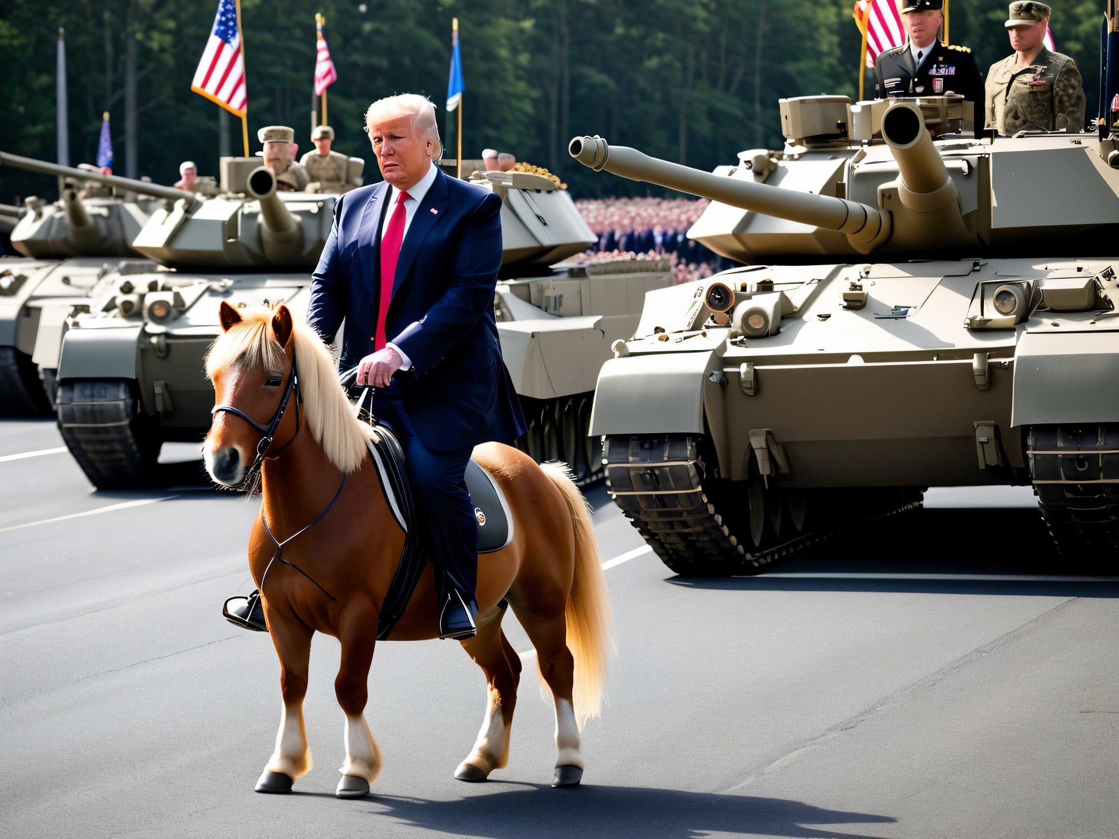 Military Parade Featuring Man on Pony and Tanks