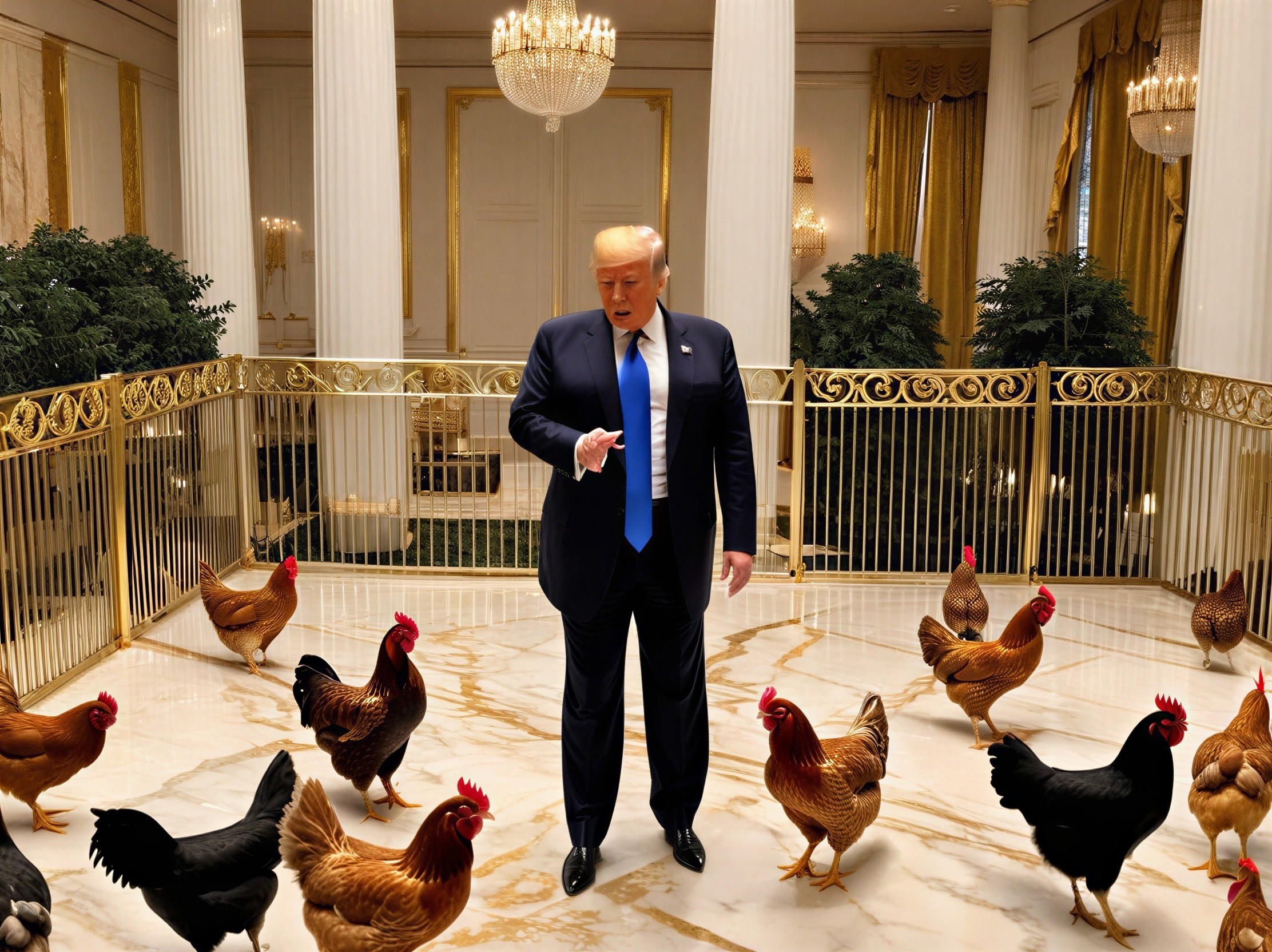 Man in Suit Surrounded by Chickens in Luxurious Setting
