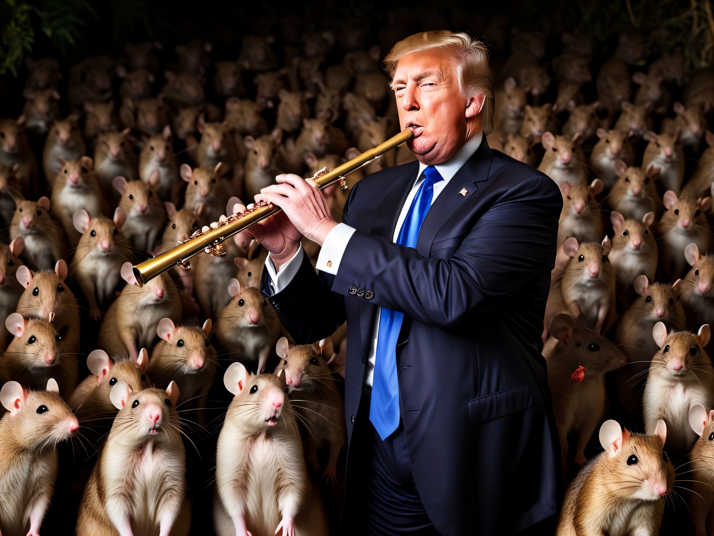 Man in Suit Plays Flute Surrounded by Rats