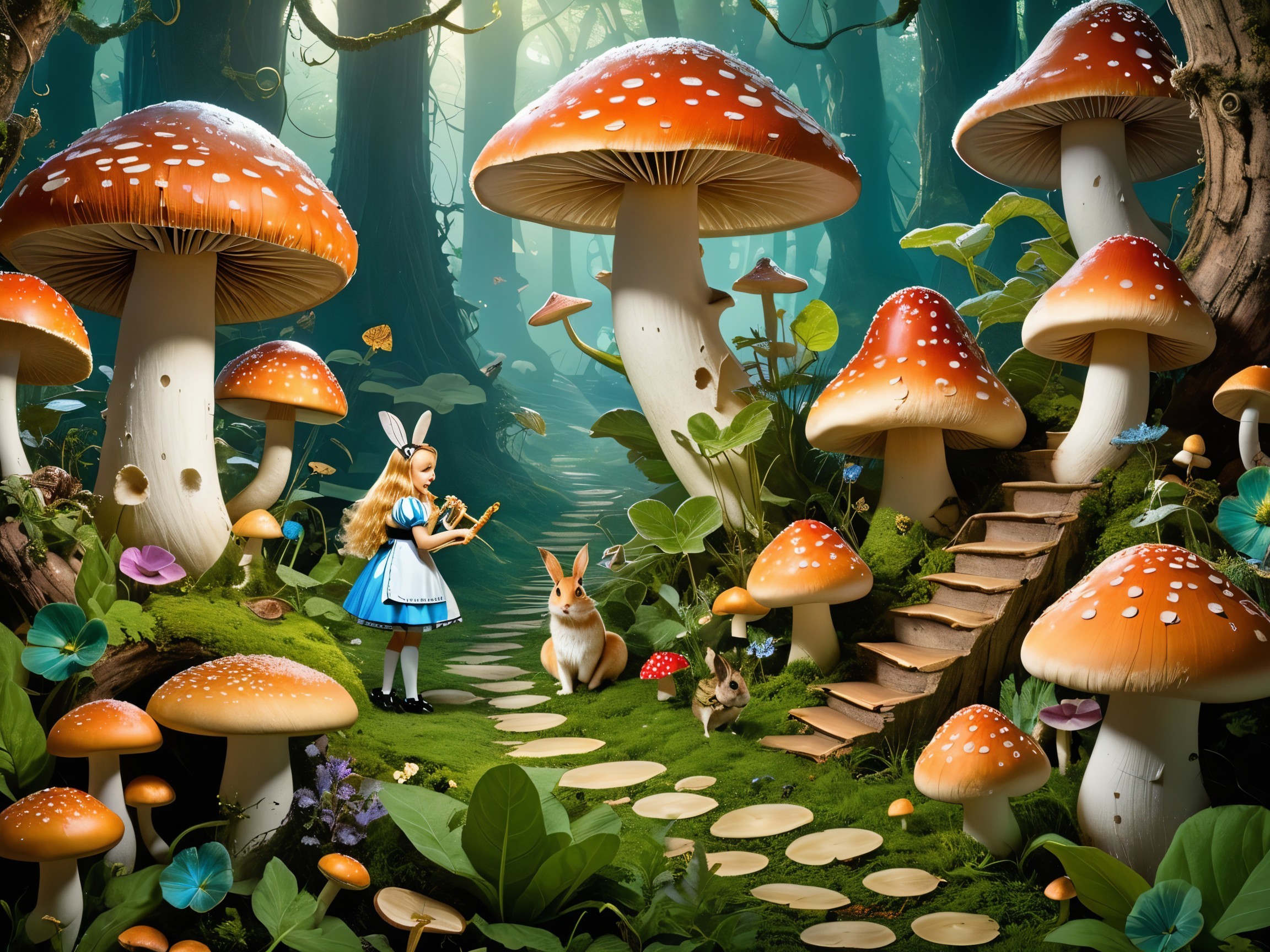Whimsical Forest Scene with Girl and Colorful Mushrooms
