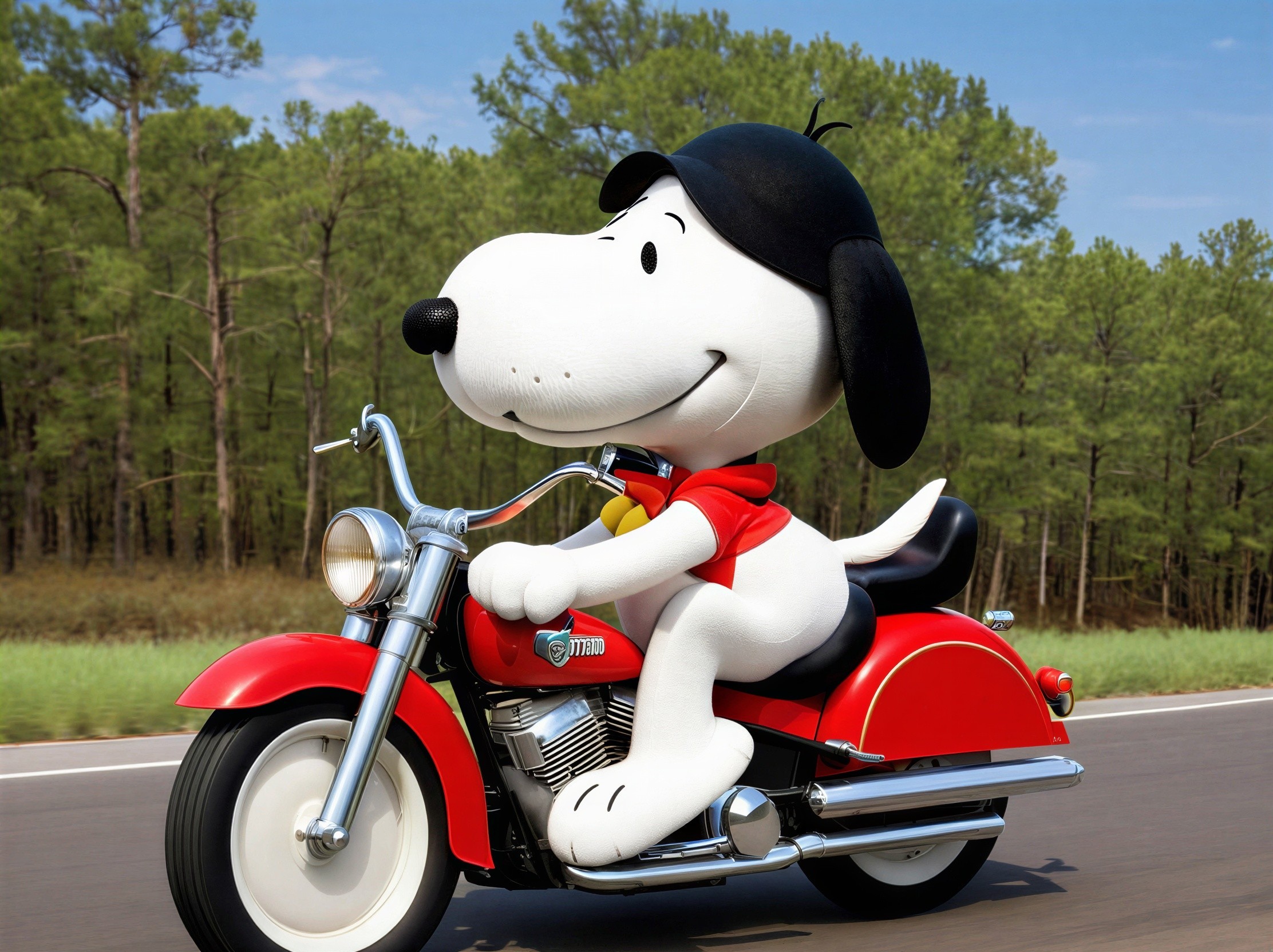 Cheerful cartoon dog on vintage motorcycle in nature