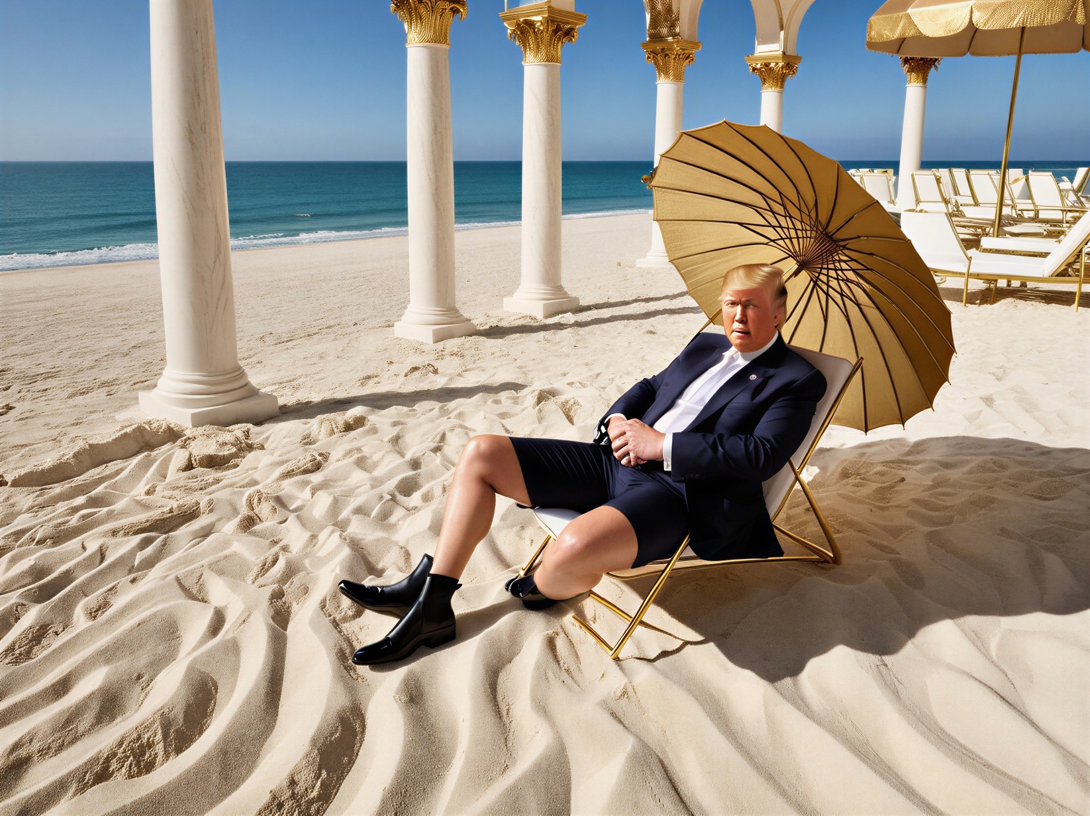 Man Relaxing on Beach Under Golden Umbrella