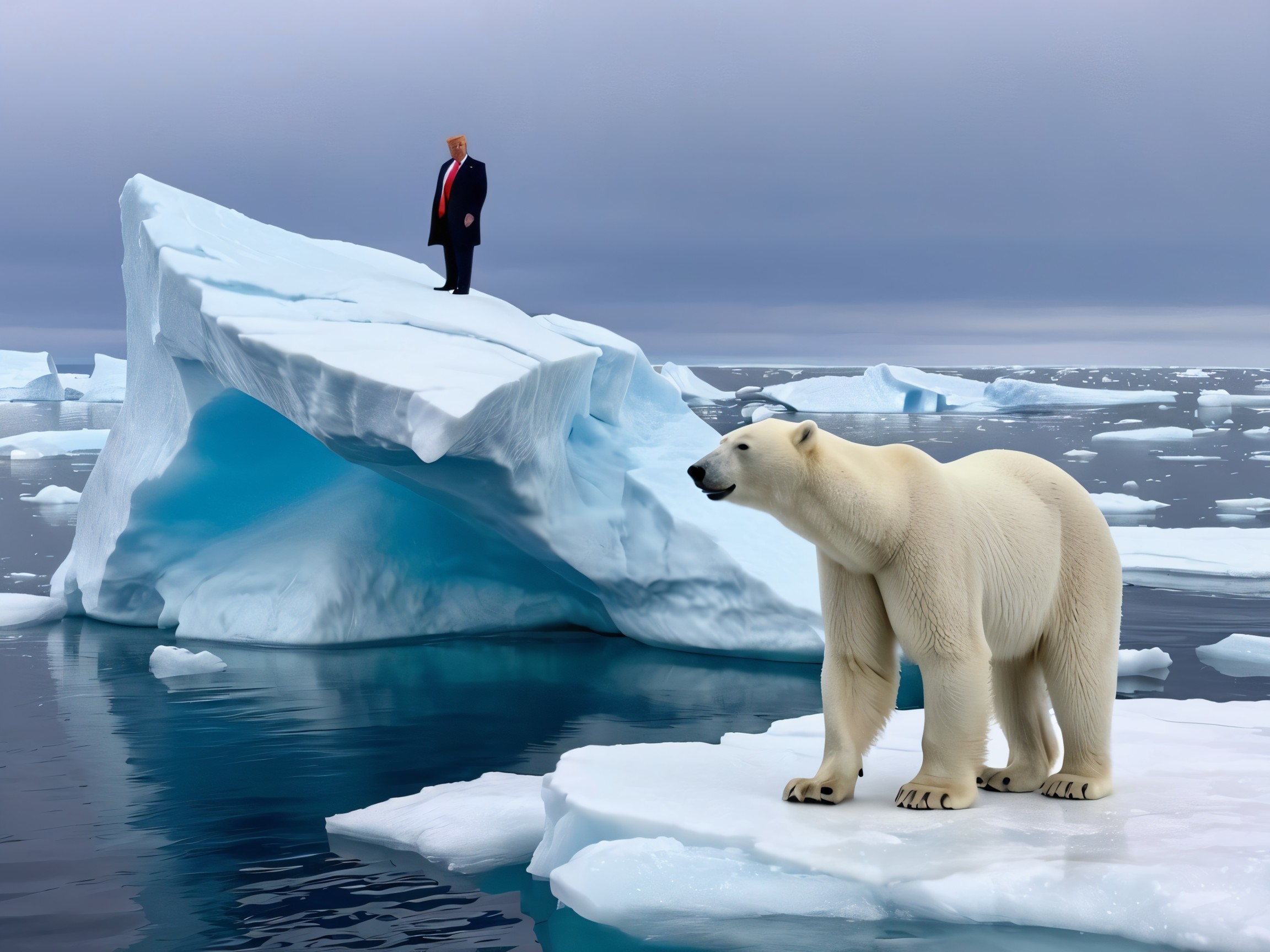 Surreal Scene of Polar Bear and Figure on Icebergs