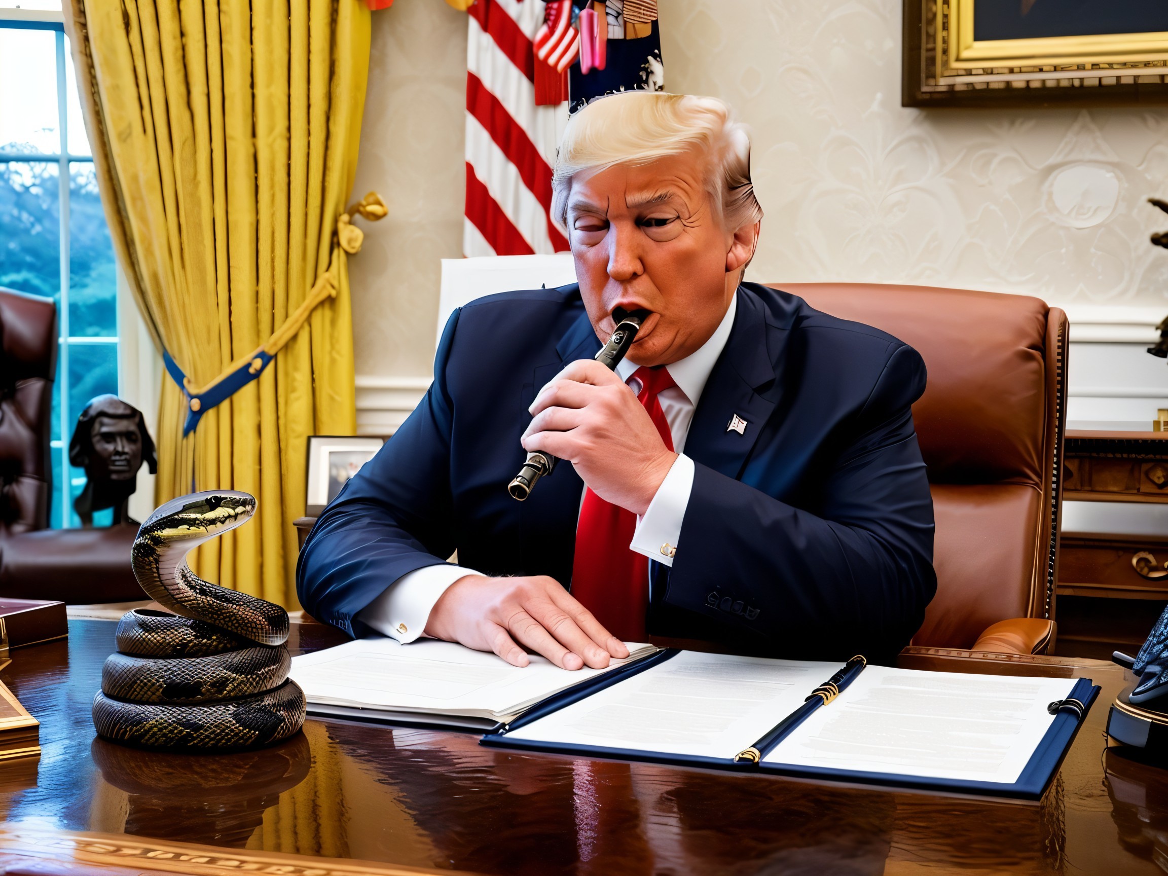 Presidential Figure Playing Flute in Decorated Office
