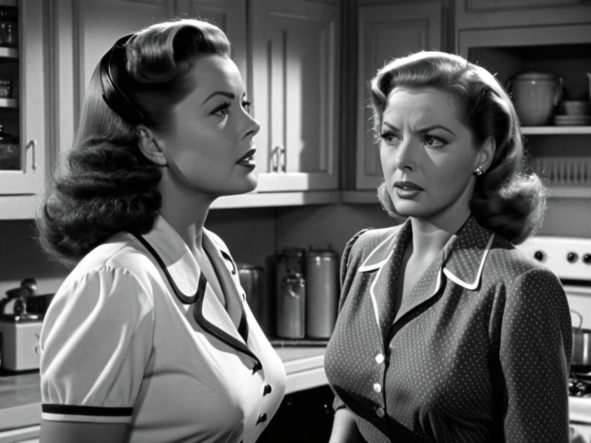 Black-and-White Kitchen Scene with Intense Conversation