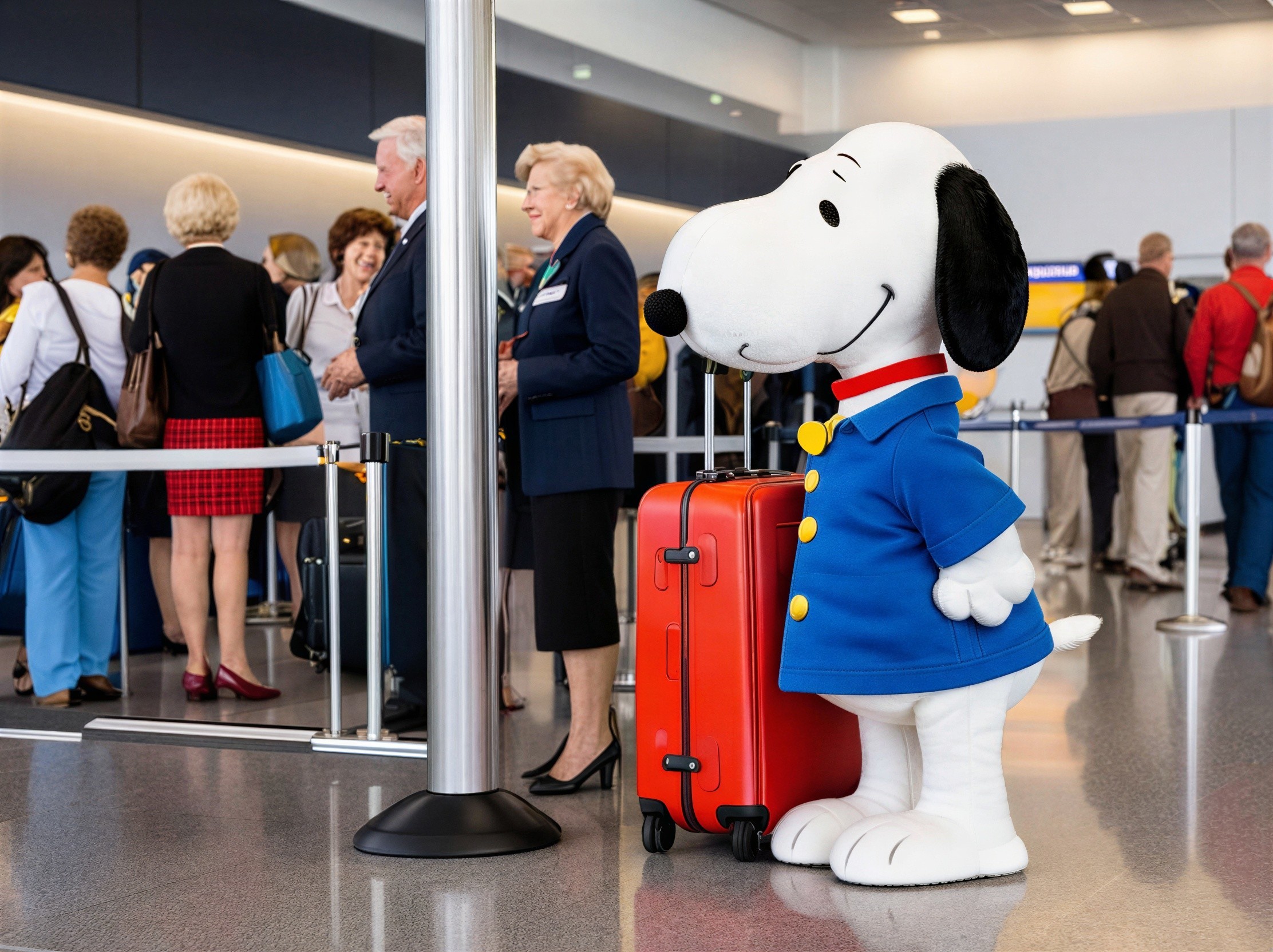 Airport Scene Featuring Snoopy Costume and Travelers