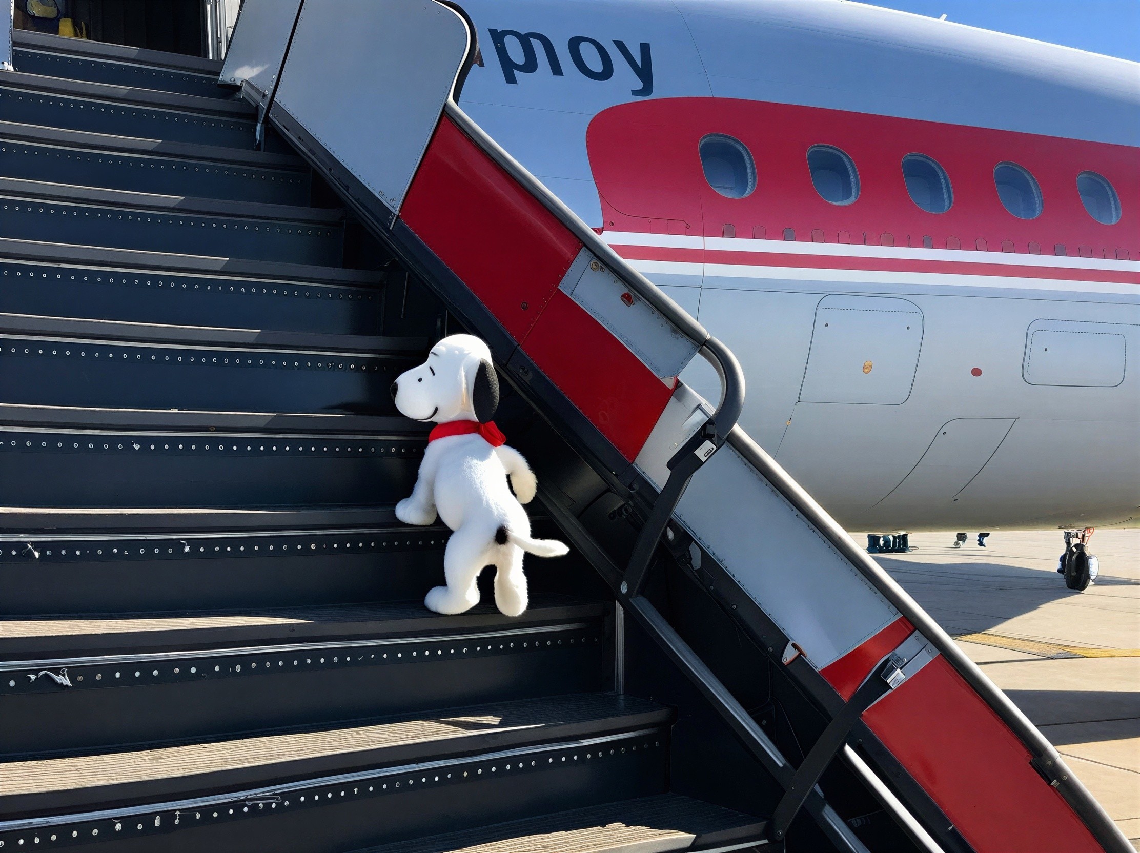 Snoopy Stuffed Animal at Airplane Boarding Stair