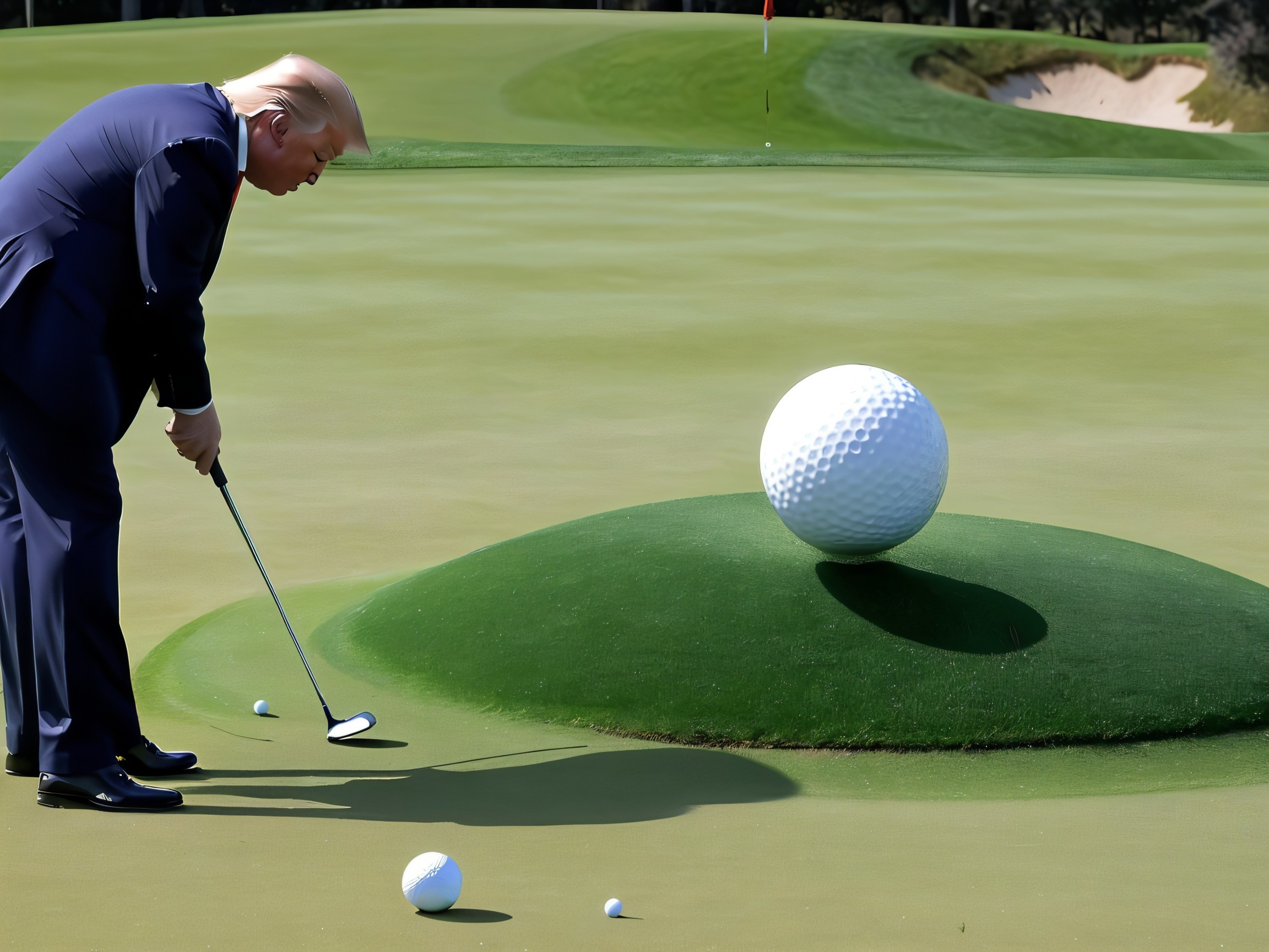 Man in suit preparing to putt on whimsical golf course