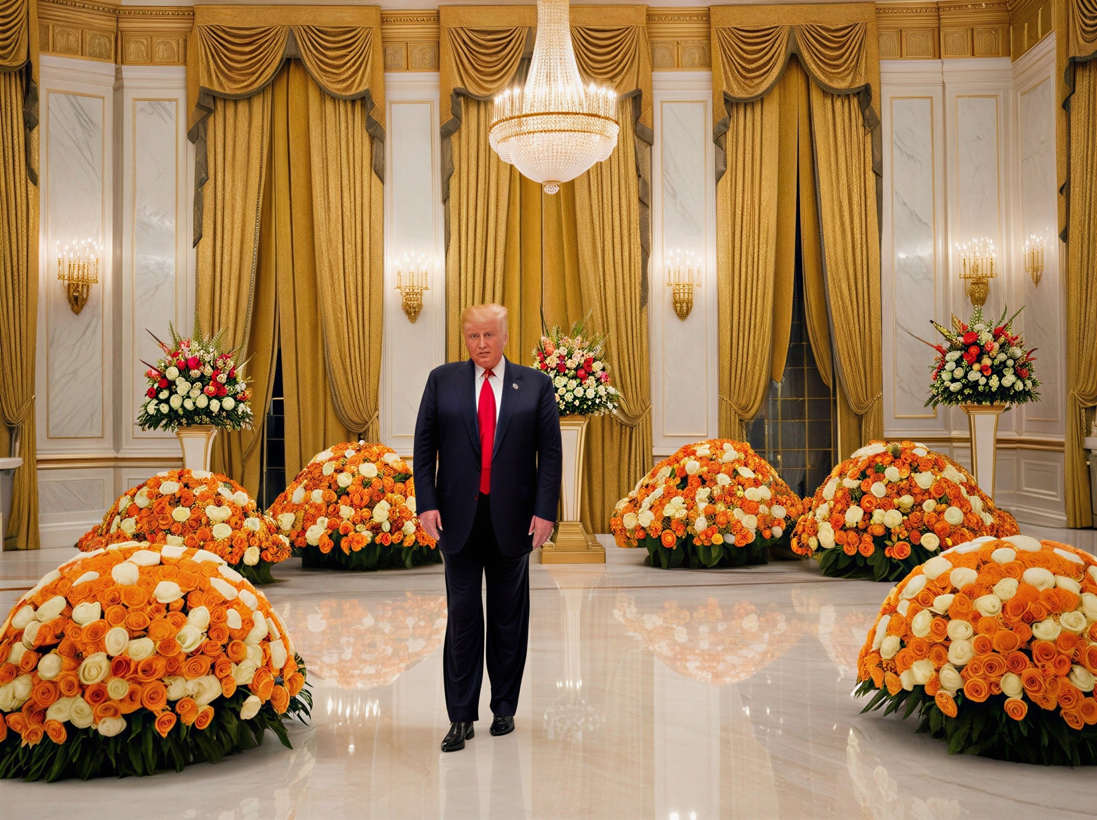 Luxurious Room with Man in Suit and Floral Arrangements