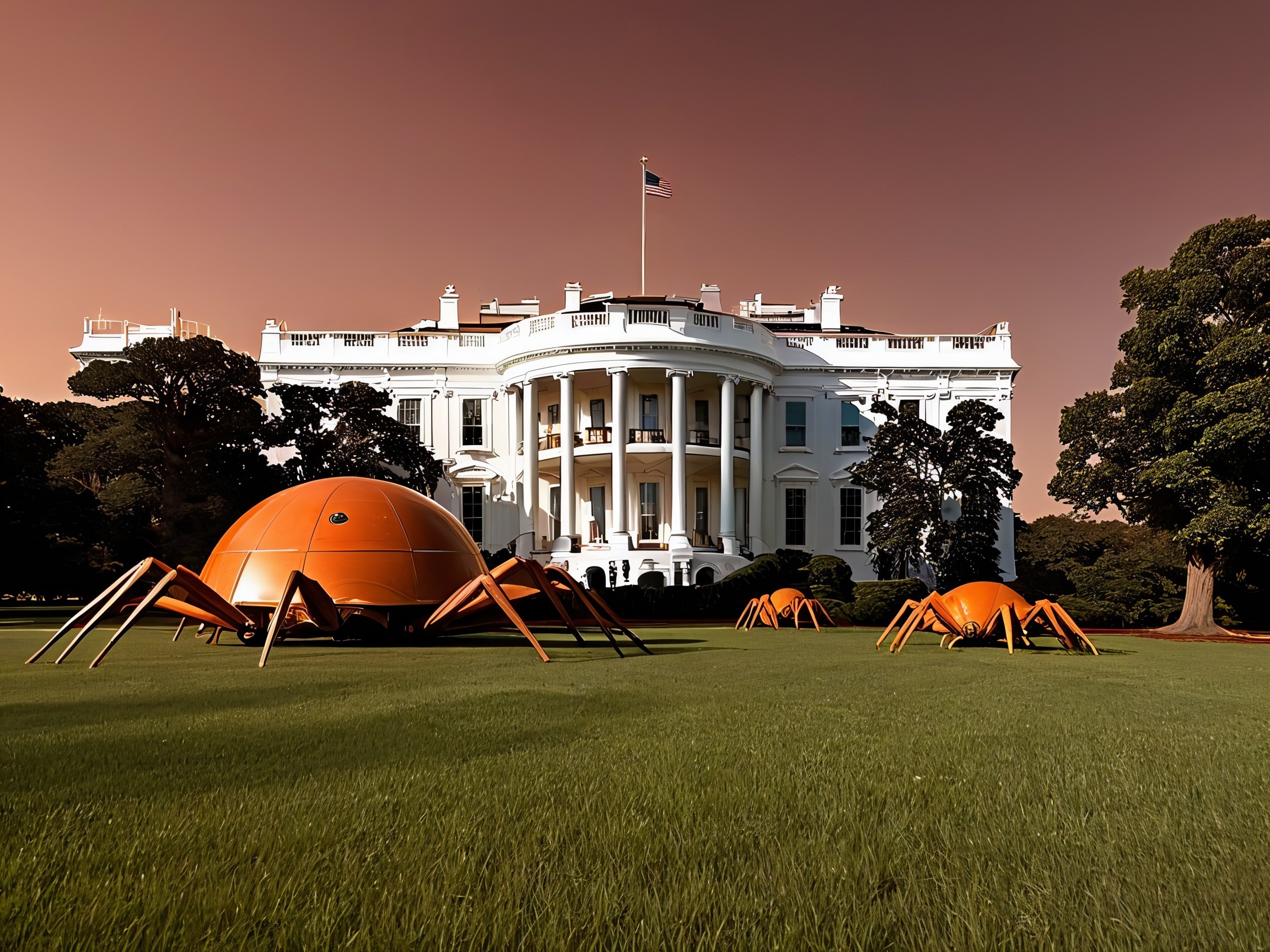 White House with Stylized Spider Structures and Orange Sky