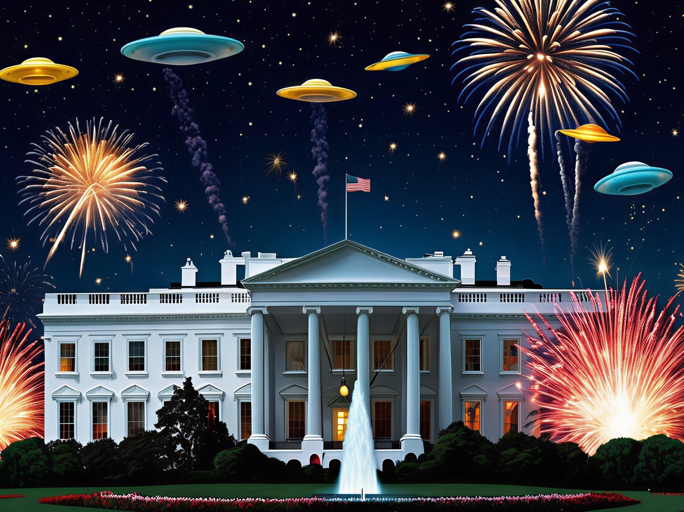 White House Night Scene with UFOs and Fireworks