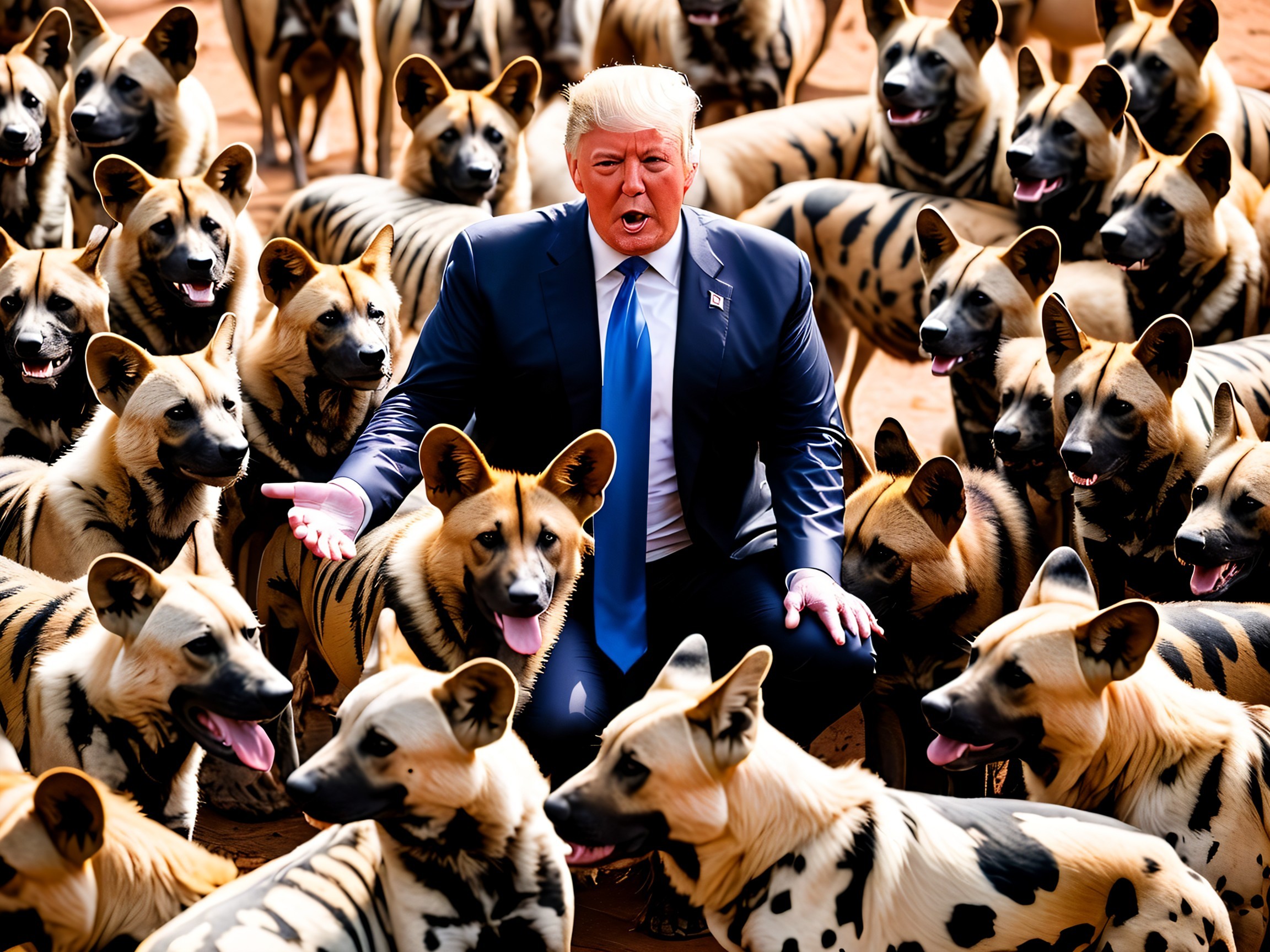 Businessman Surrounded by Wild Dogs in Unique Setting