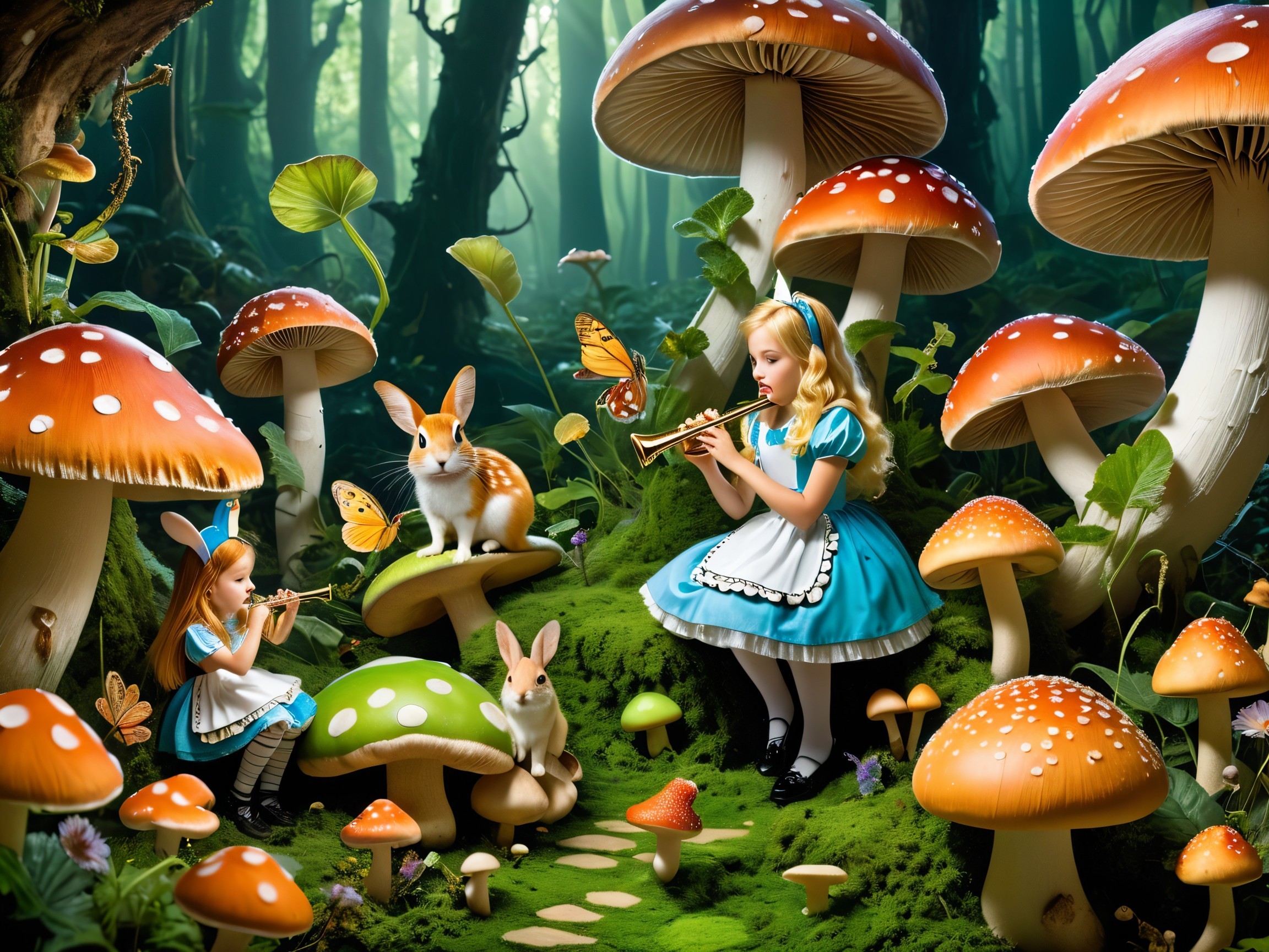 Whimsical Forest Scene with Girls and Colorful Mushrooms