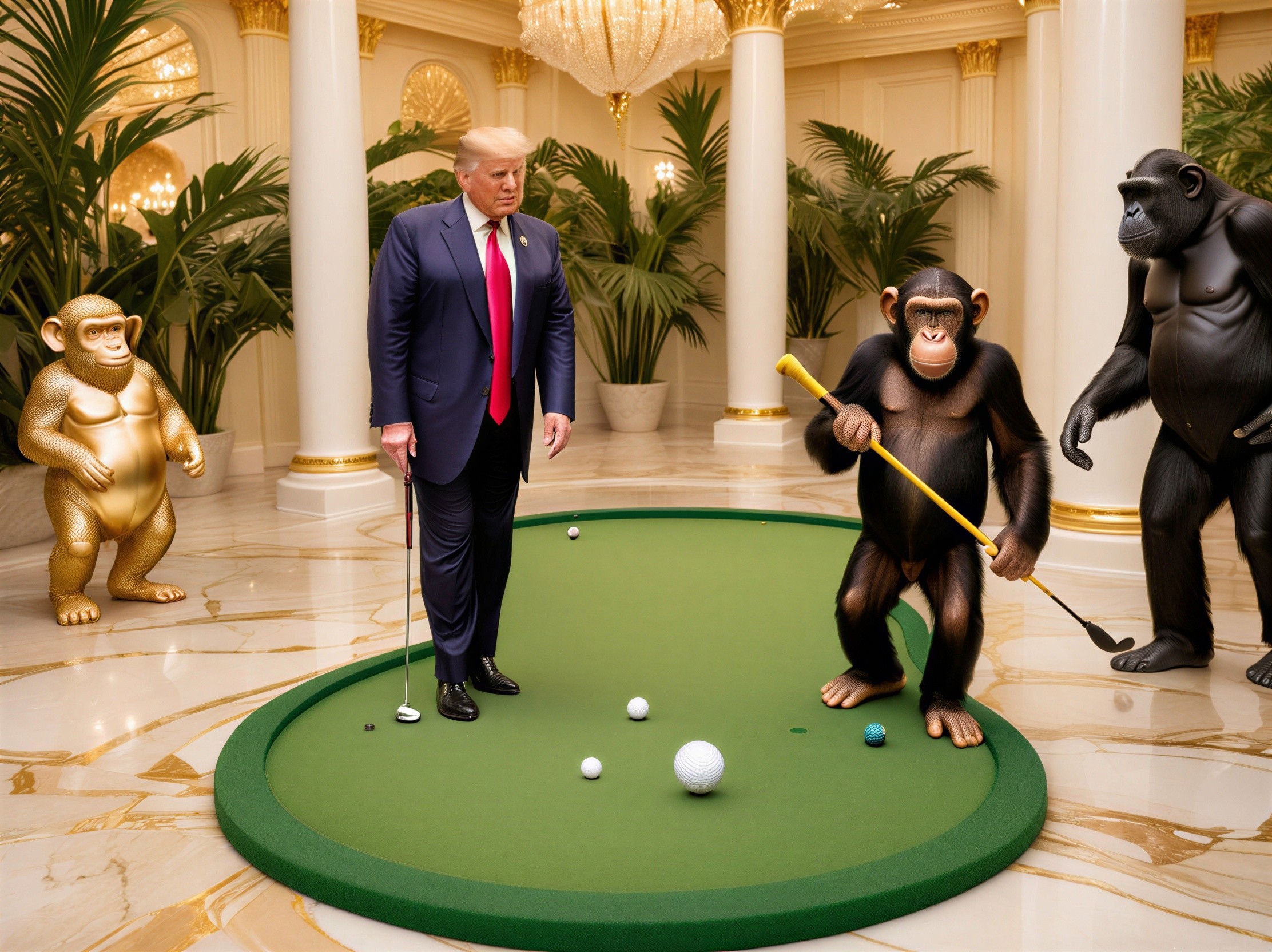 Opulent Room with Golfing Gorillas and Lush Decor