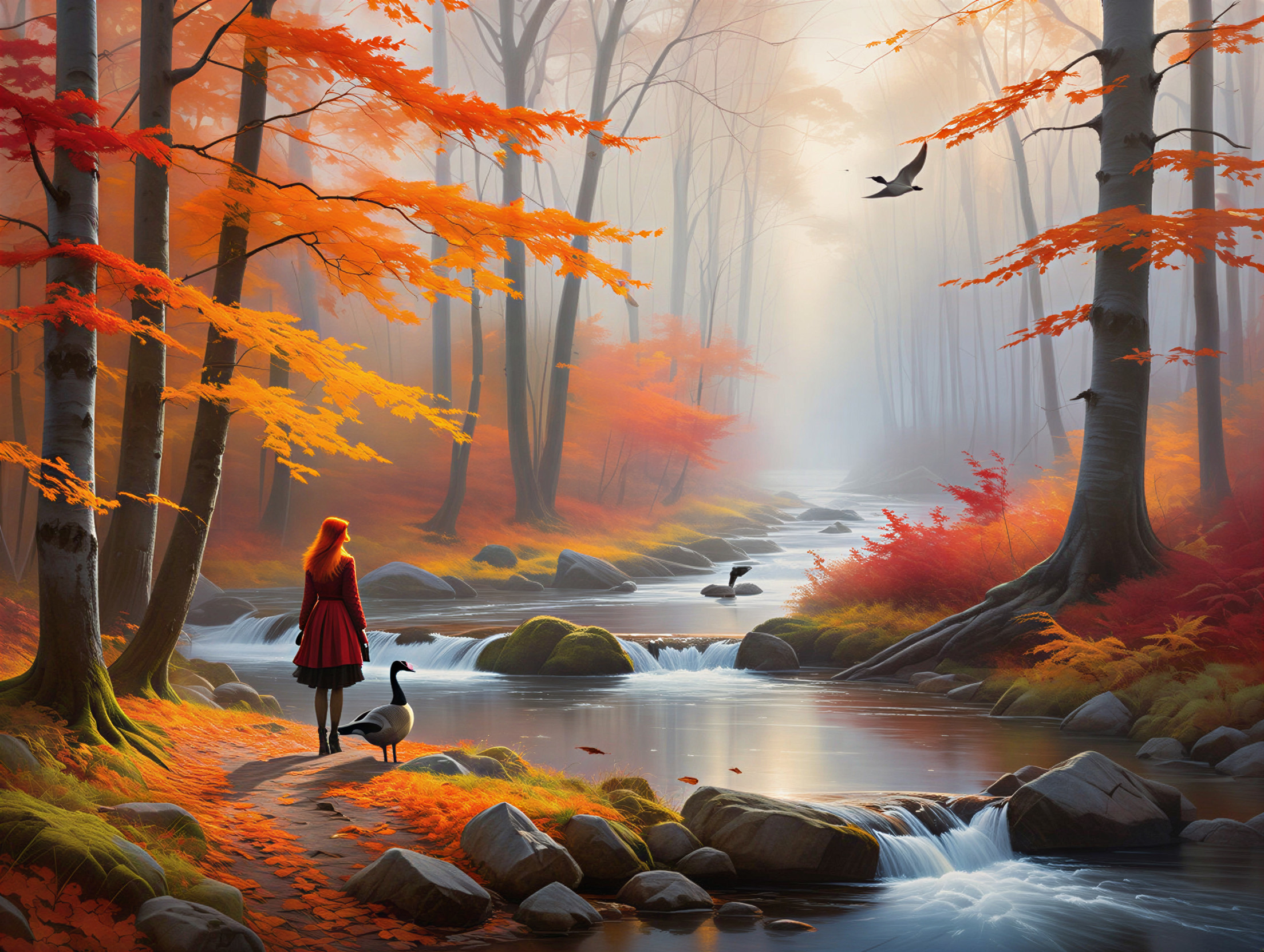 Autumn Forest Scene with Red Leaves and Stream