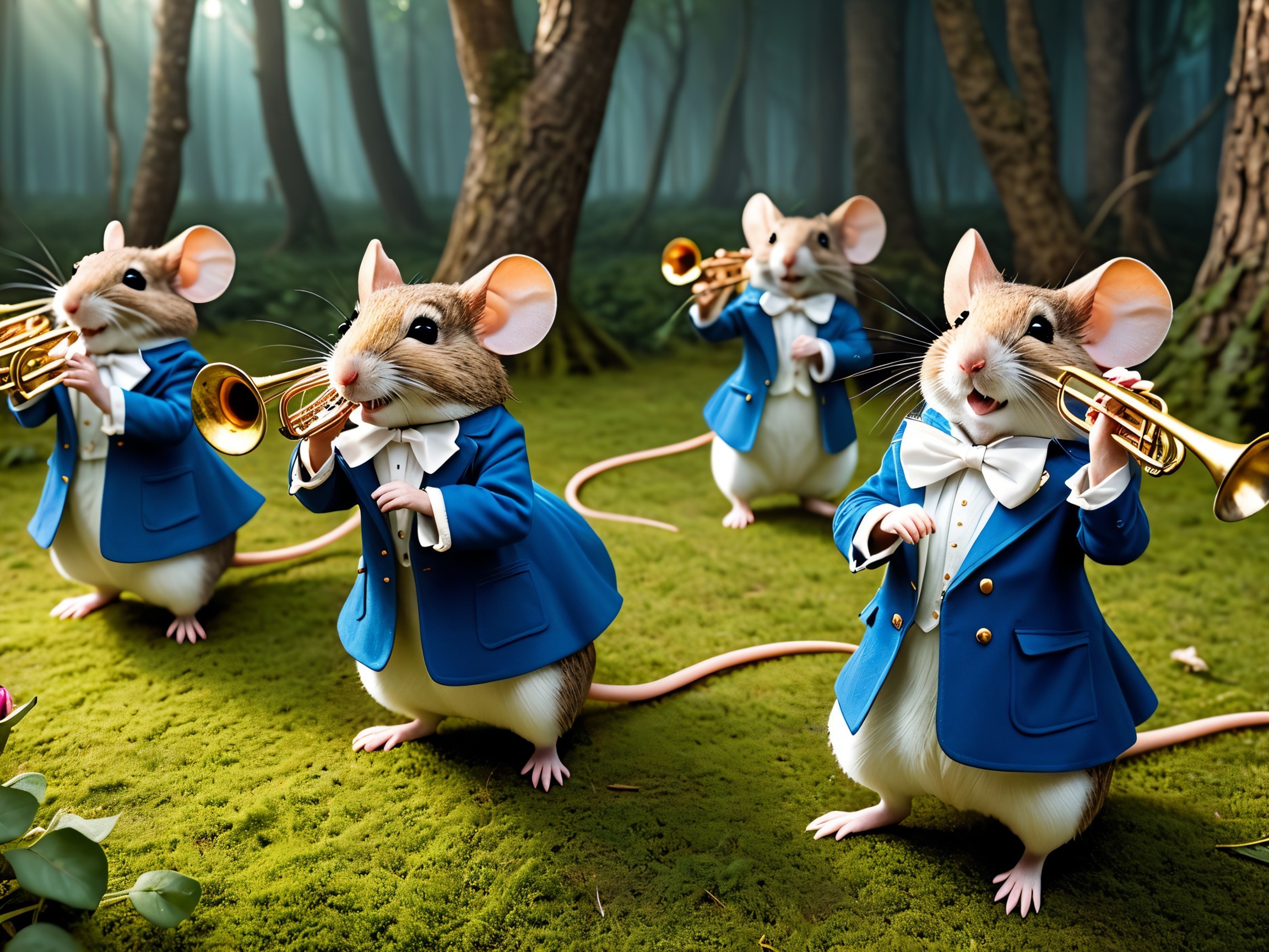 Mice in Tuxedos Playing Trumpets in Forest Clearing