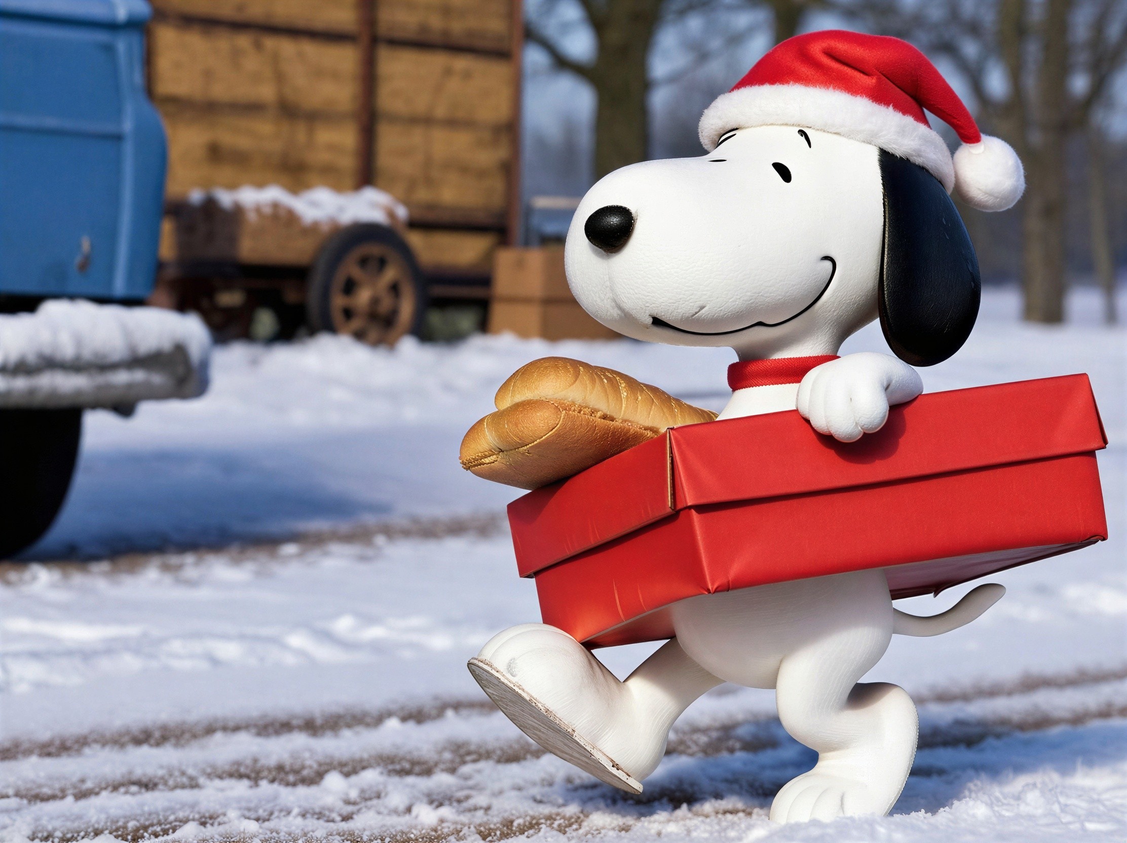 Snoopy Statue in Santa Hat with Gift Box in Snowy Scene