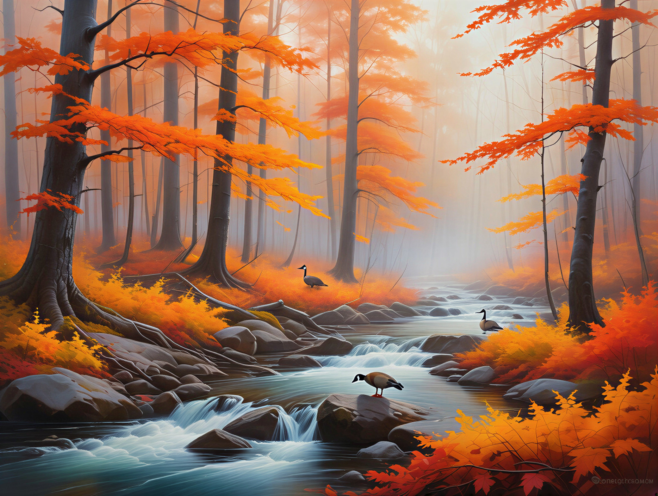 Misty Autumn Forest with Stream and Geese