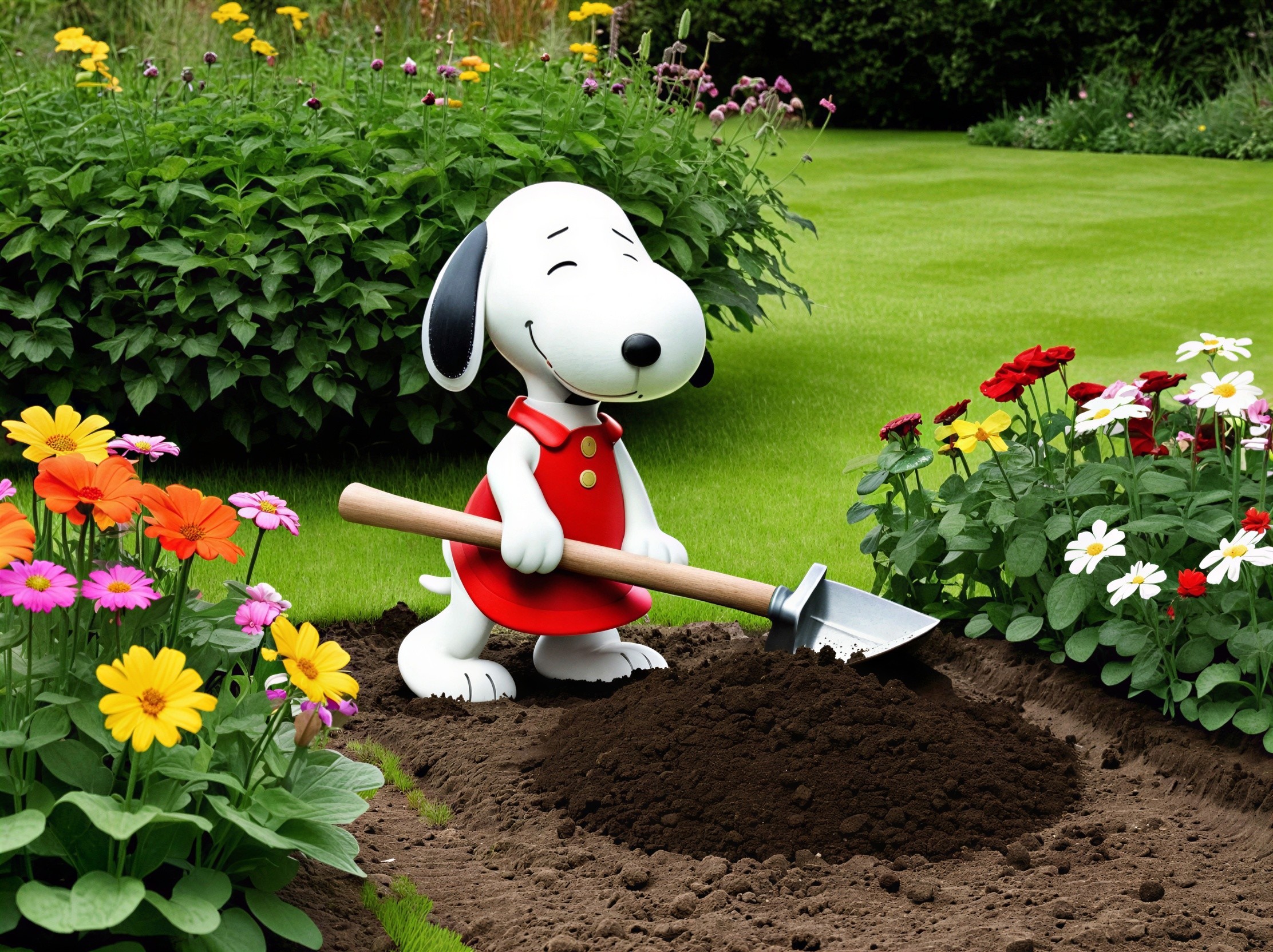 Cheerful cartoon dog digging in a vibrant garden