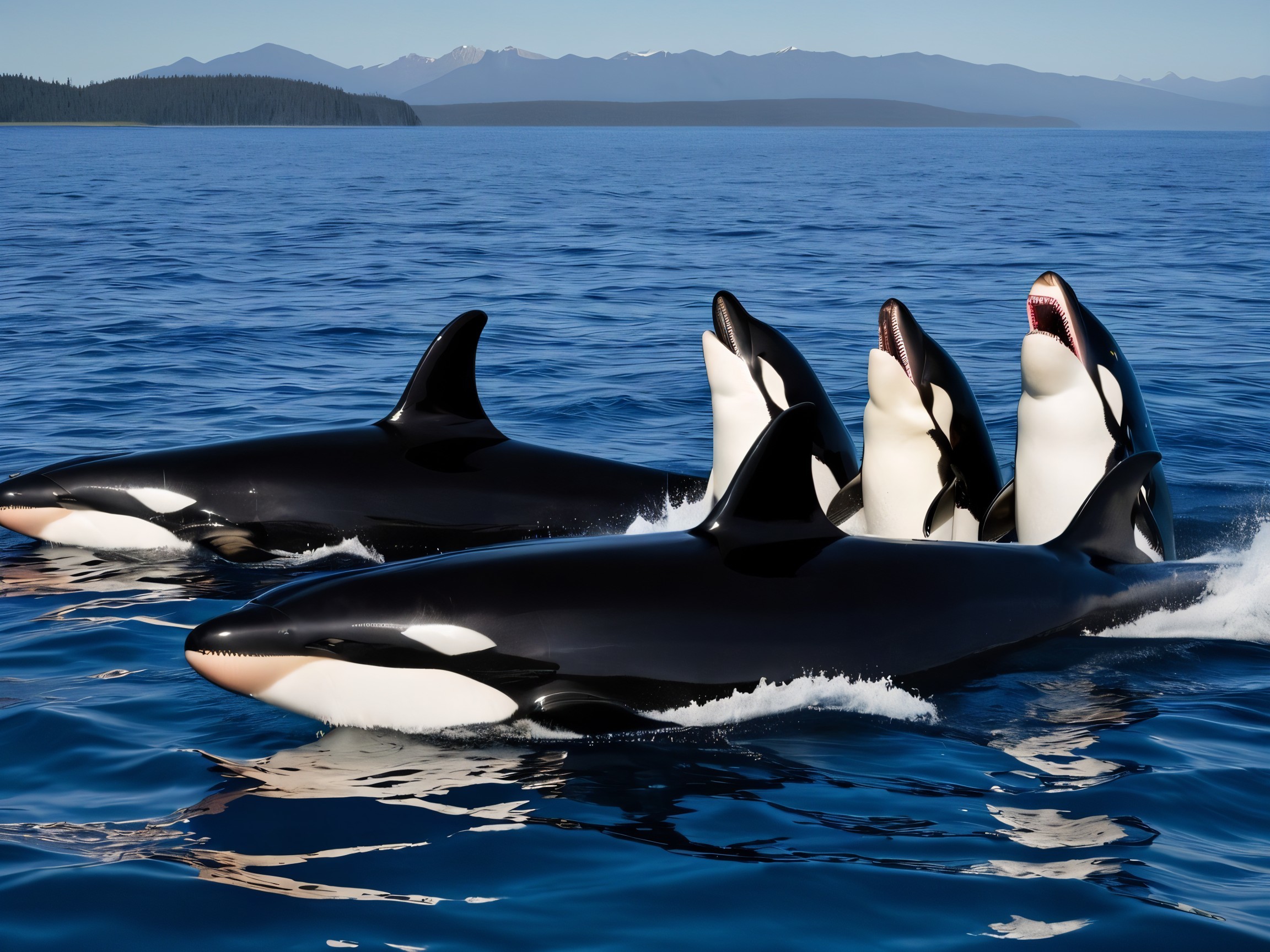 Orcas Swimming in Shimmering Blue Waters with Mountains