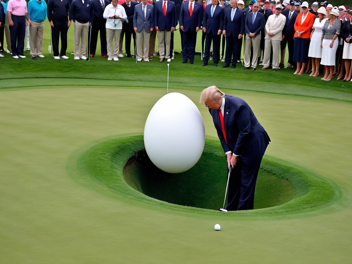 Whimsical Golf Scene with Oversized Egg and Crowd