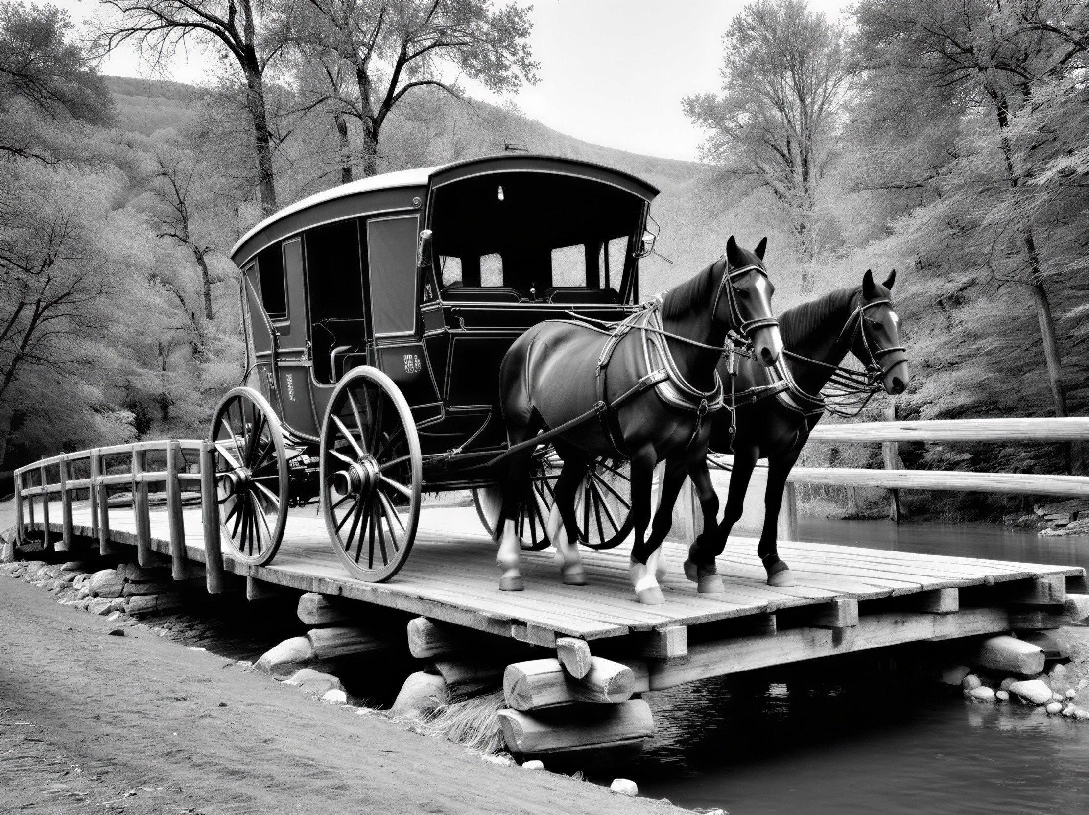 Black and white scene of a horse-drawn carriage