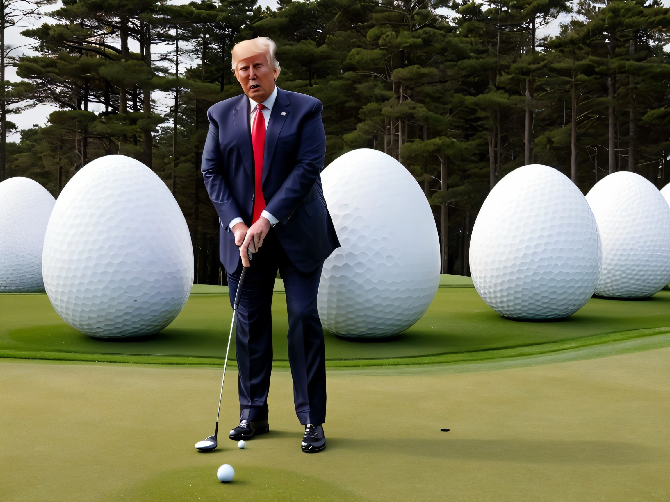 Man in Suit Putting on Golf Course with Large Eggs