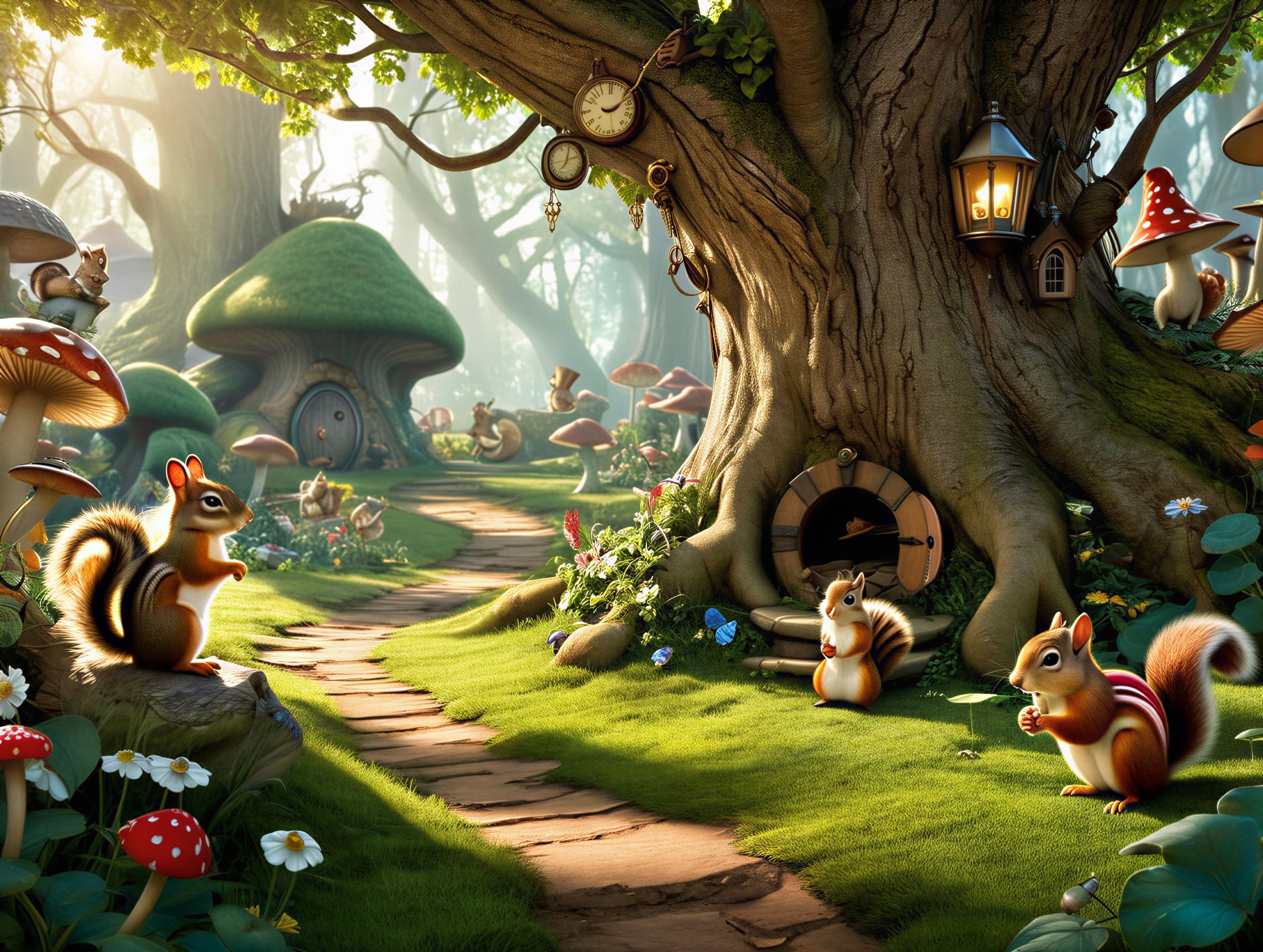 Whimsical Forest Scene with Vibrant Nature Elements