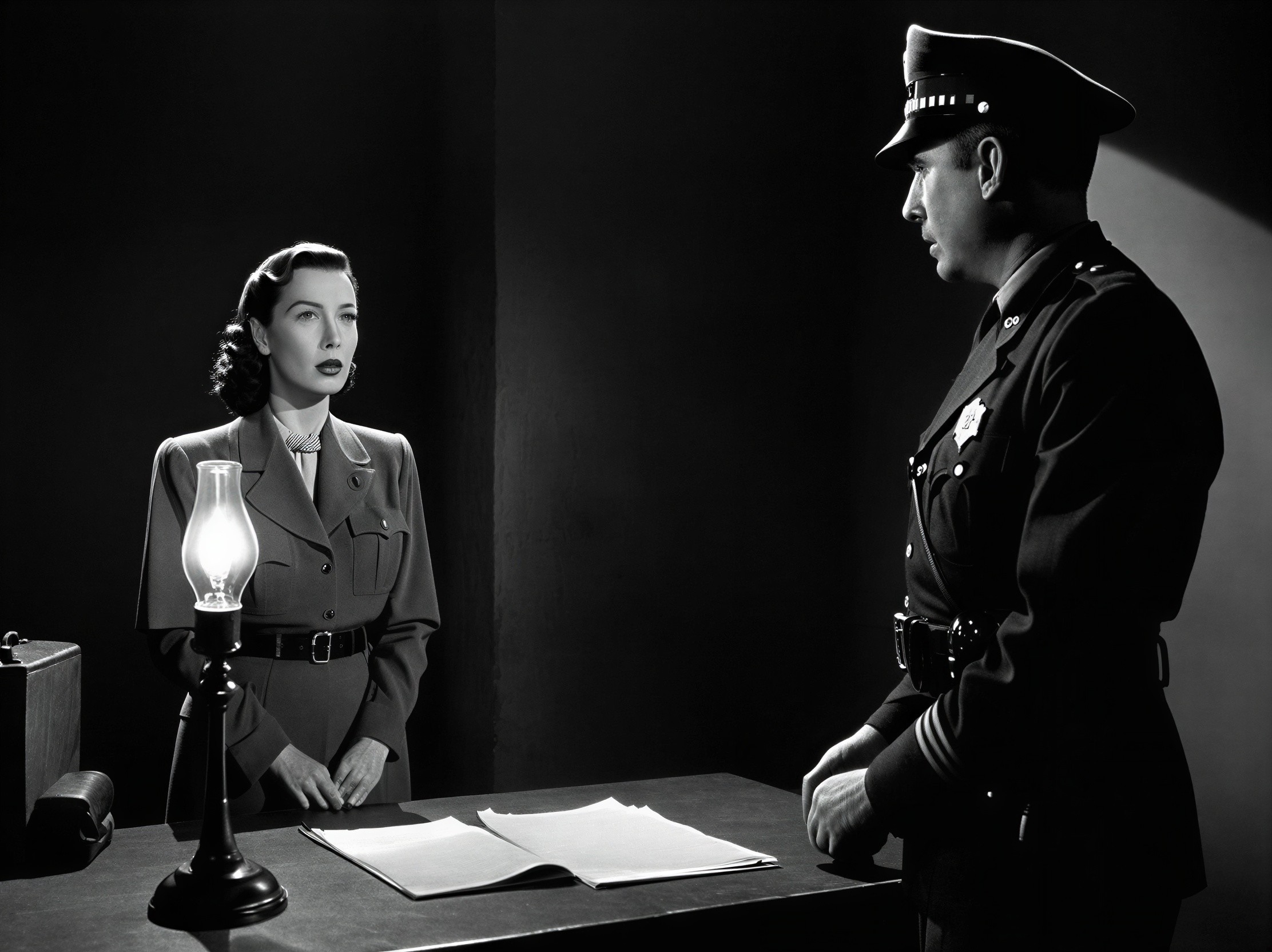 1940s Black-and-White Scene with Police Officer and Woman