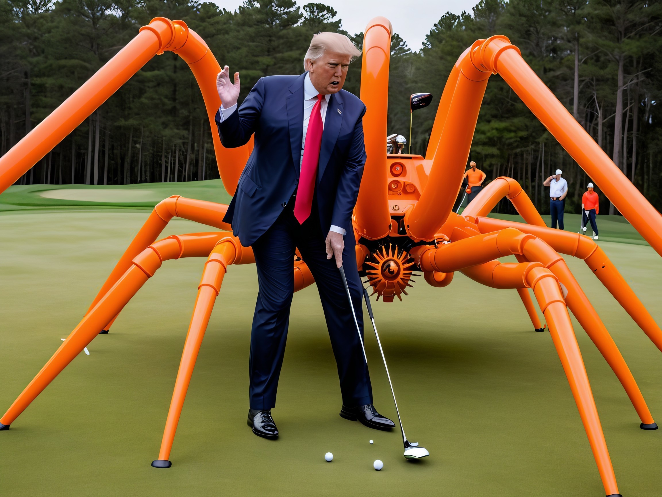 Man in Suit on Golf Course with Spider Sculpture