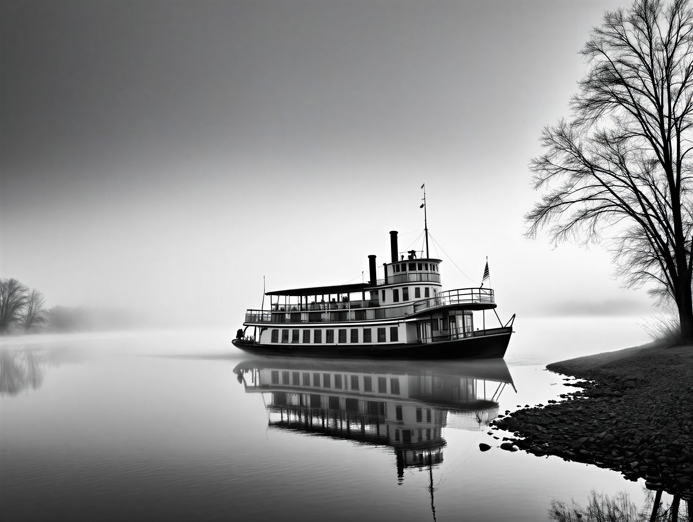 Vintage steamboat anchored on a misty river scene