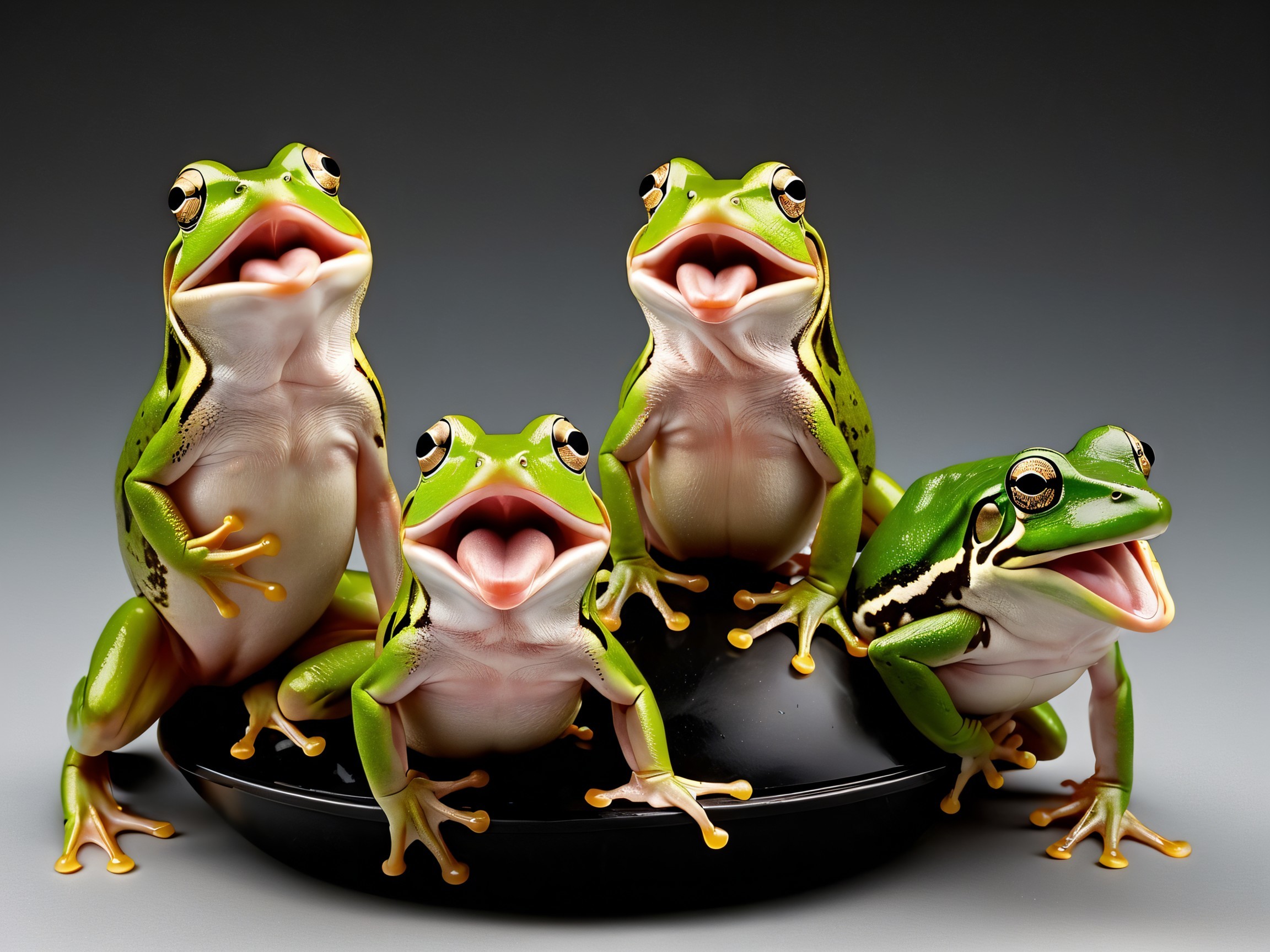 Cheerful Green Frogs on Glossy Black Surface