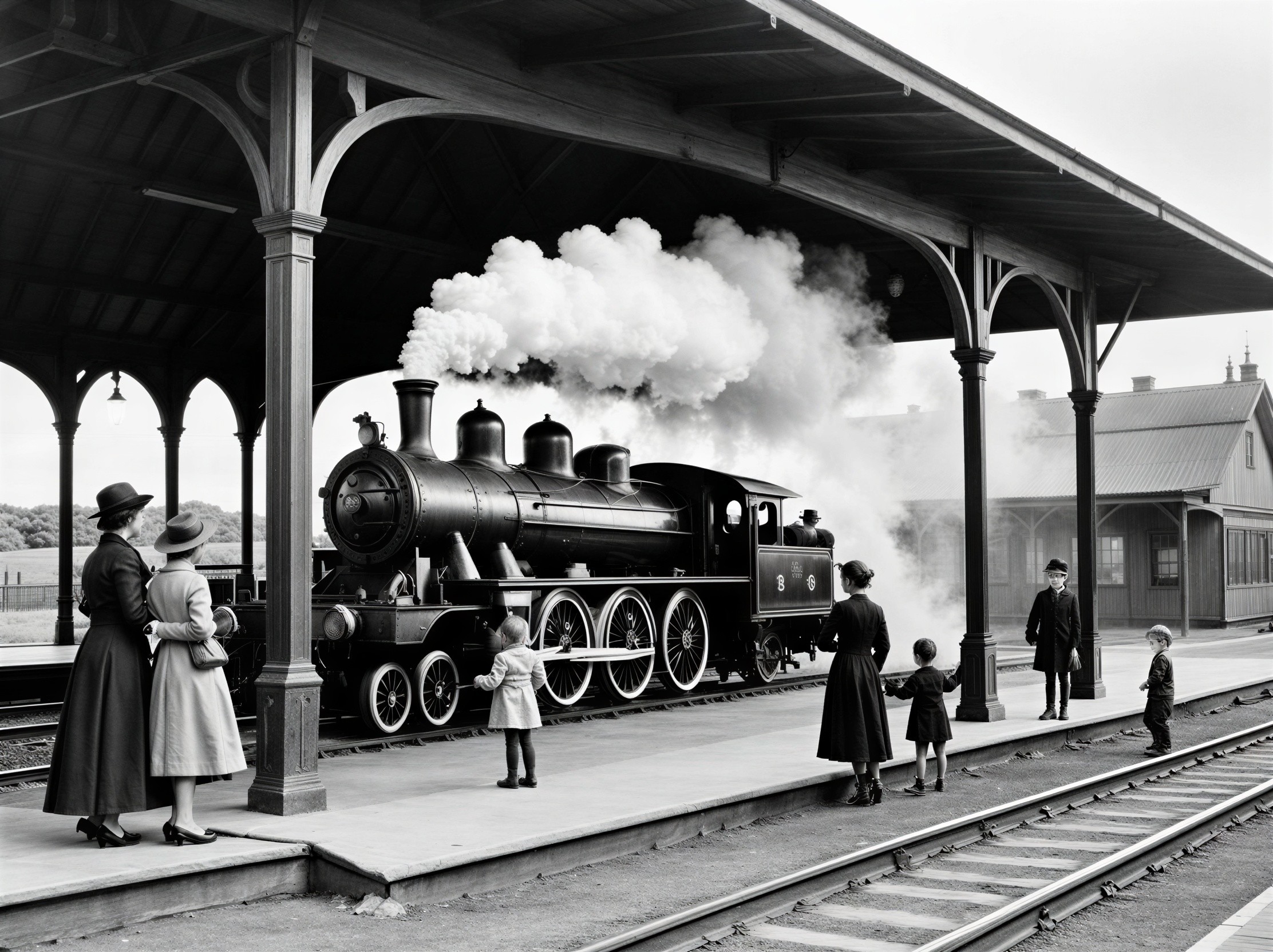 Vintage Train Station Scene with Steam Locomotive