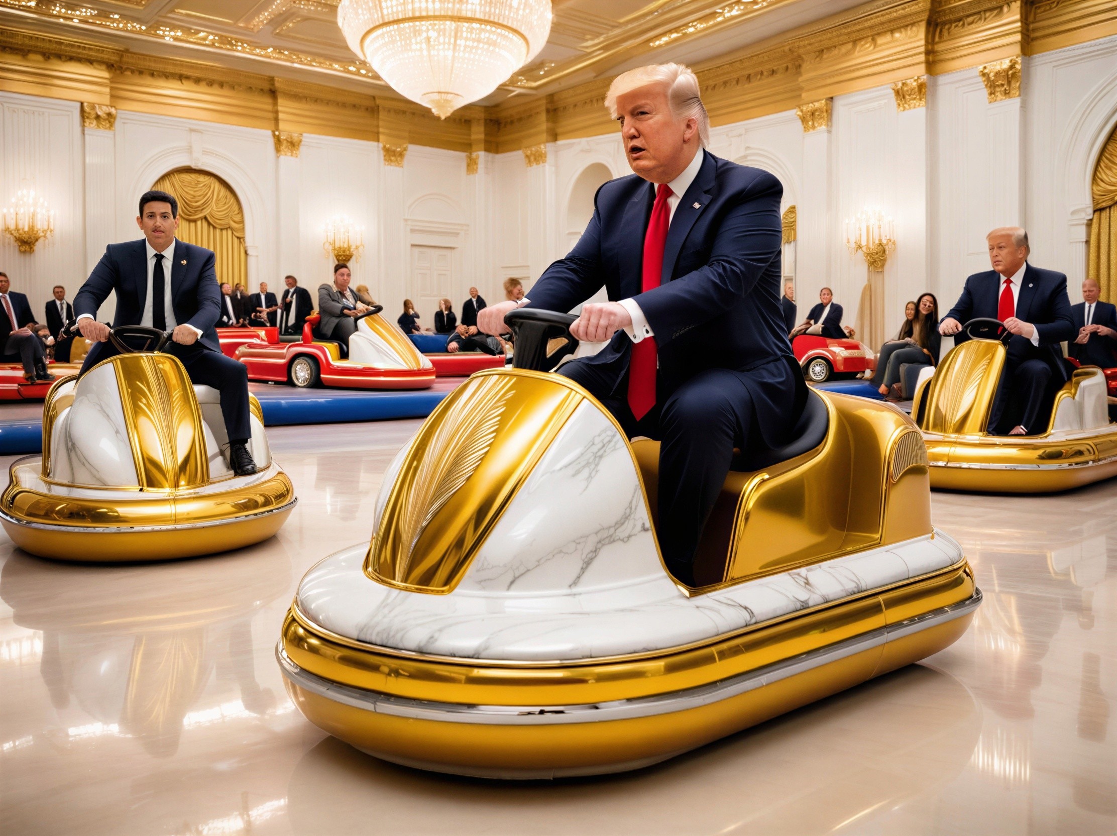 Bumper Cars in Ornate Hall with Golden Chandeliers