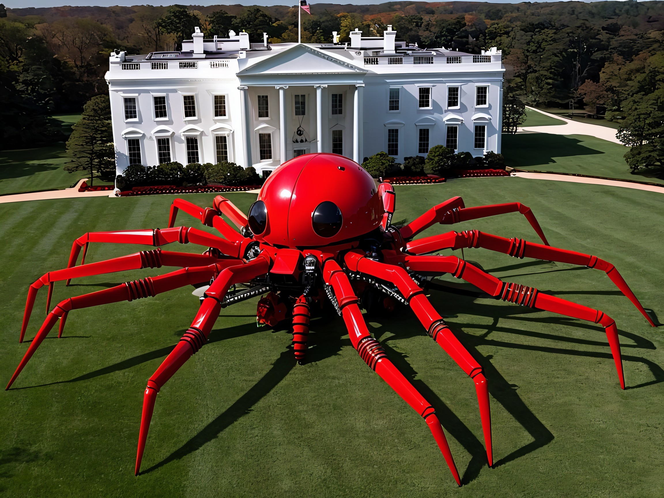 Giant Red Robotic Spider on Lawn of Grand Building