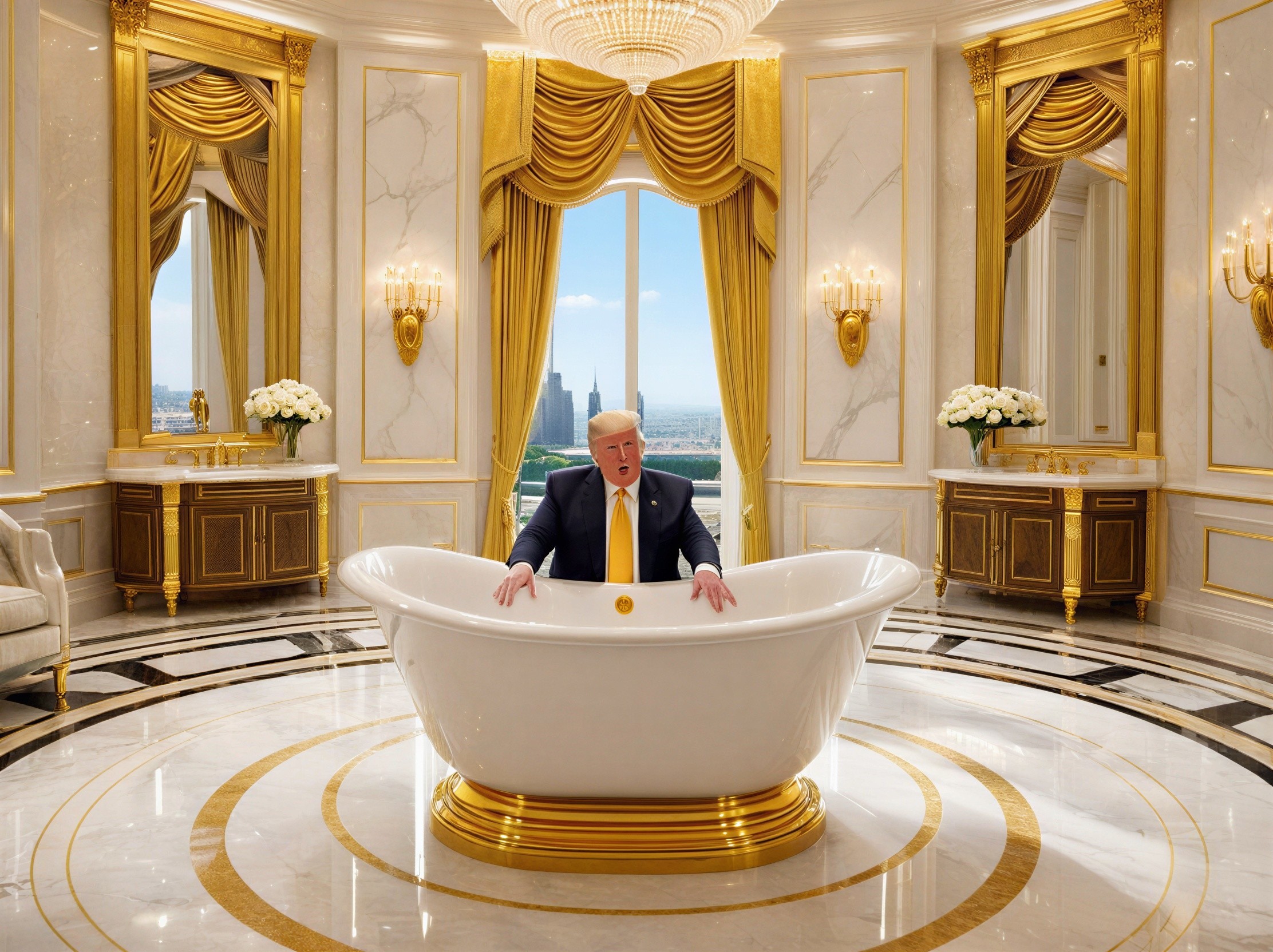 Luxurious Bathroom with Marble Flooring and Skyline View